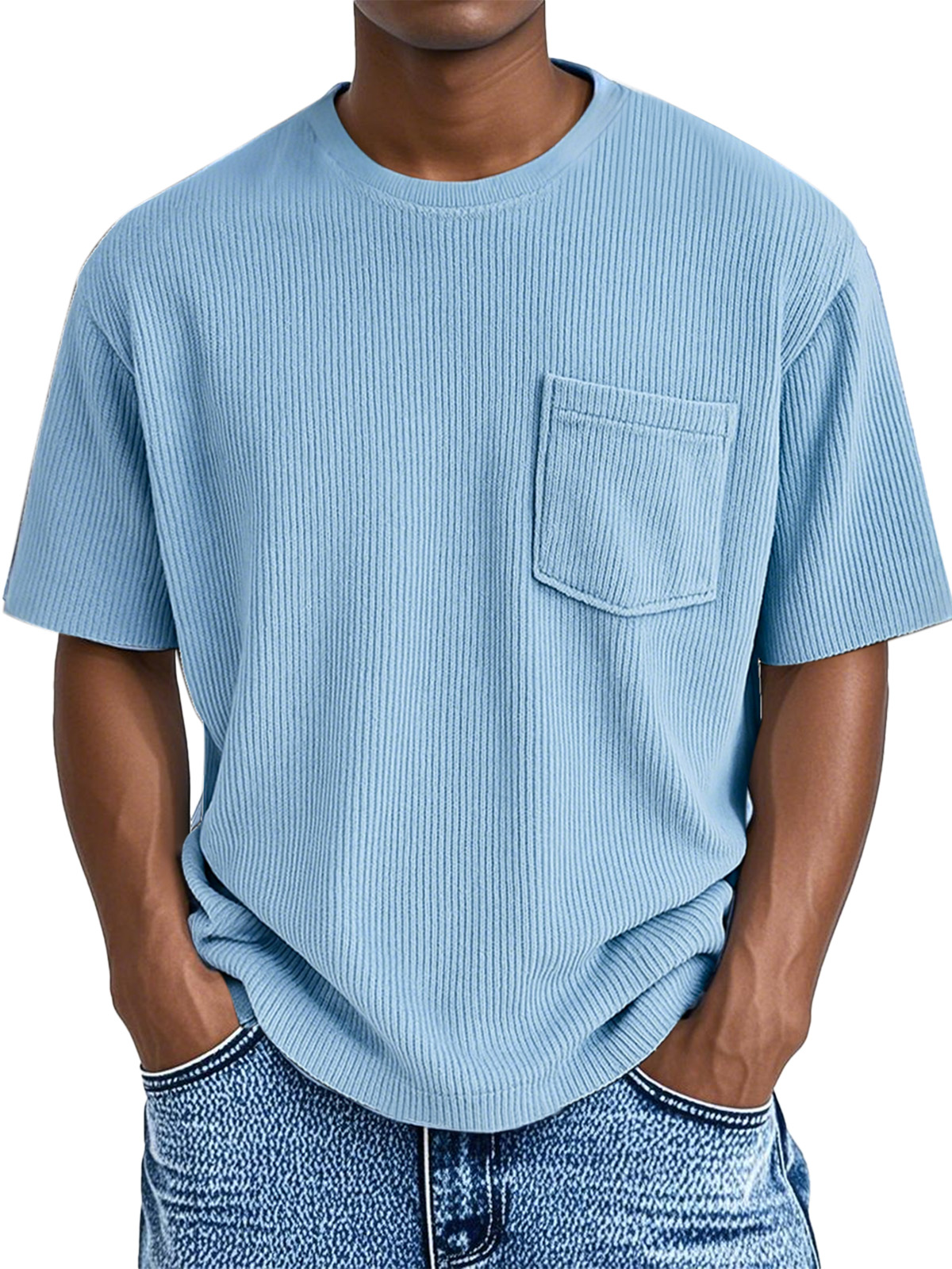 Men's Comfortable Solid Color Pit Pocket Round Neck Short-sleeved T-shirt