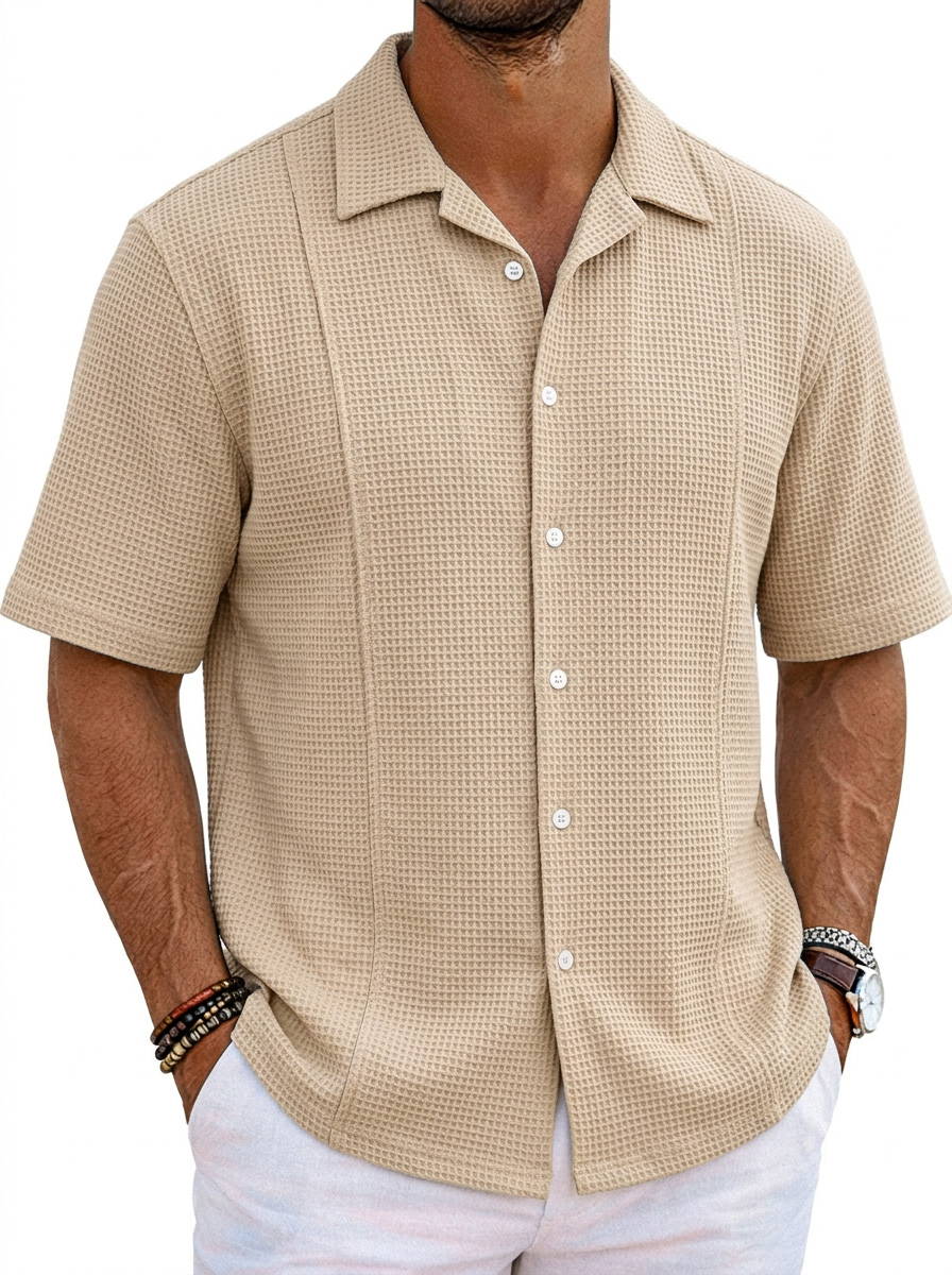 Men's Solid Color Casual Waffle Unstitched Design Cuban Collar Short Sleeve Shirt