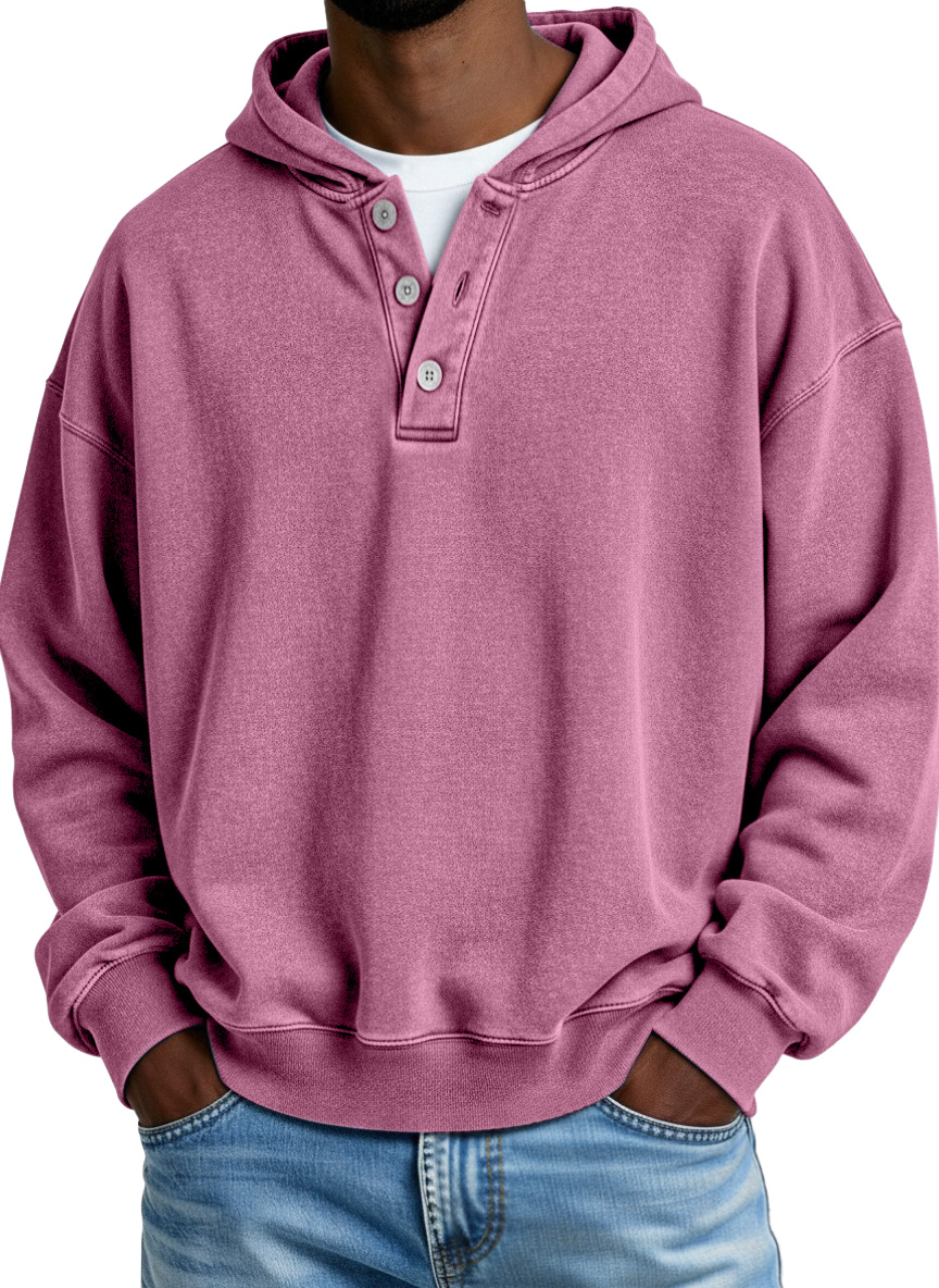 Retro Casual Solid Color Button Hooded Sweatshirt