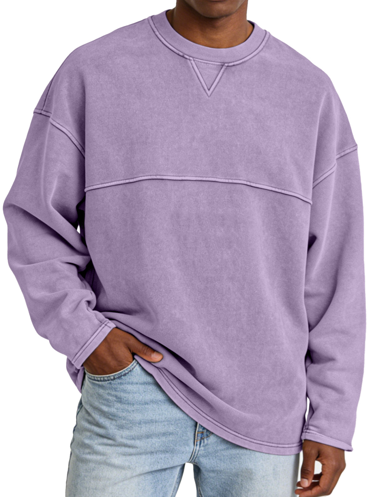 Basic Casual Inverted Triangle Panel Design Crew Neck Long-sleeved Sweatshirt