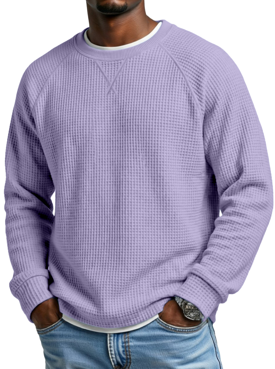 Men's Fashionable Waffle Raglan Sleeve Design Round Neck Long Sleeve T-Shirt