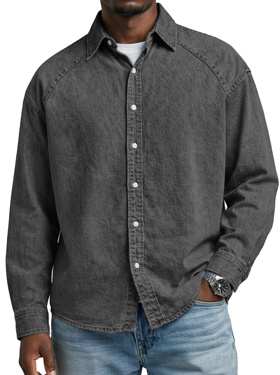 Men's Retro Solid Color Raglan Collared Long-Sleeve Shirt