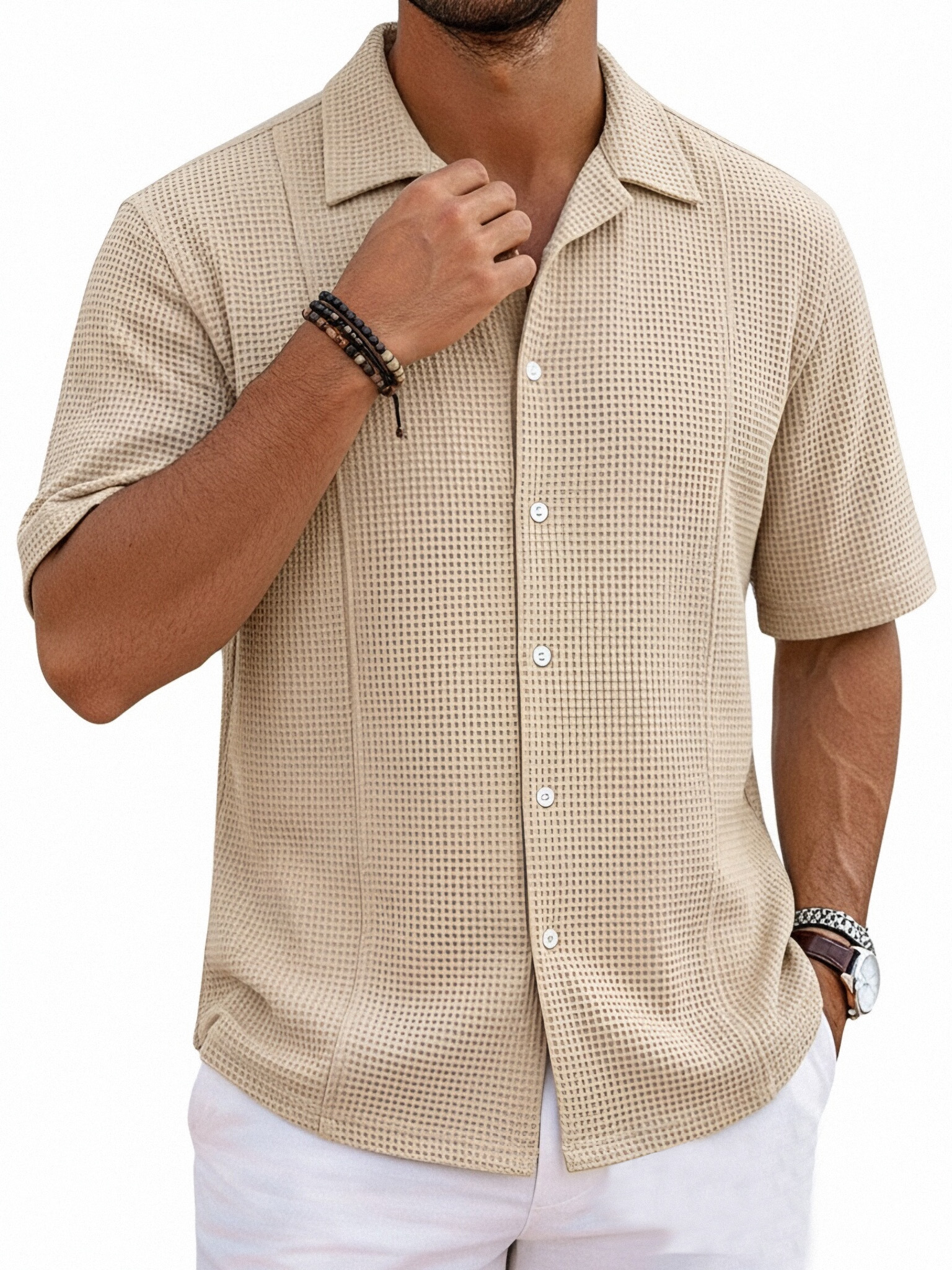 Men's Solid Color Casual Waffle Unstitched Design Cuban Collar Short Sleeve Shirt