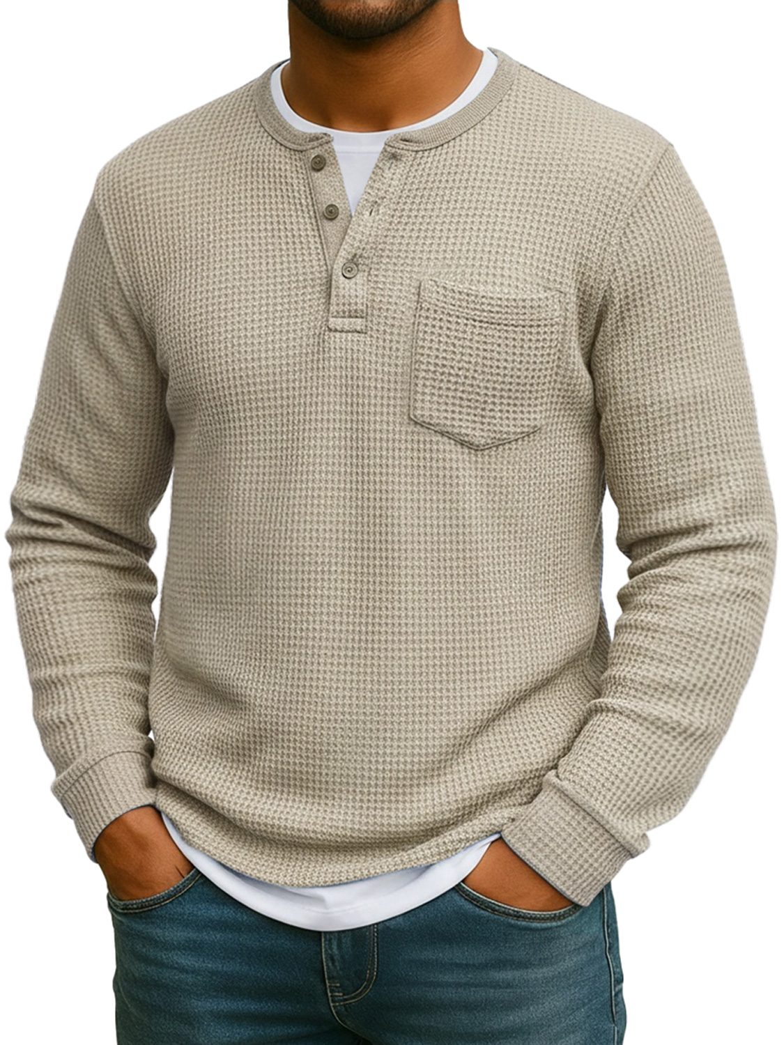 Men's Everyday Waffle Fake Two-Piece Casual Pocket Long Sleeve Henley Shirt