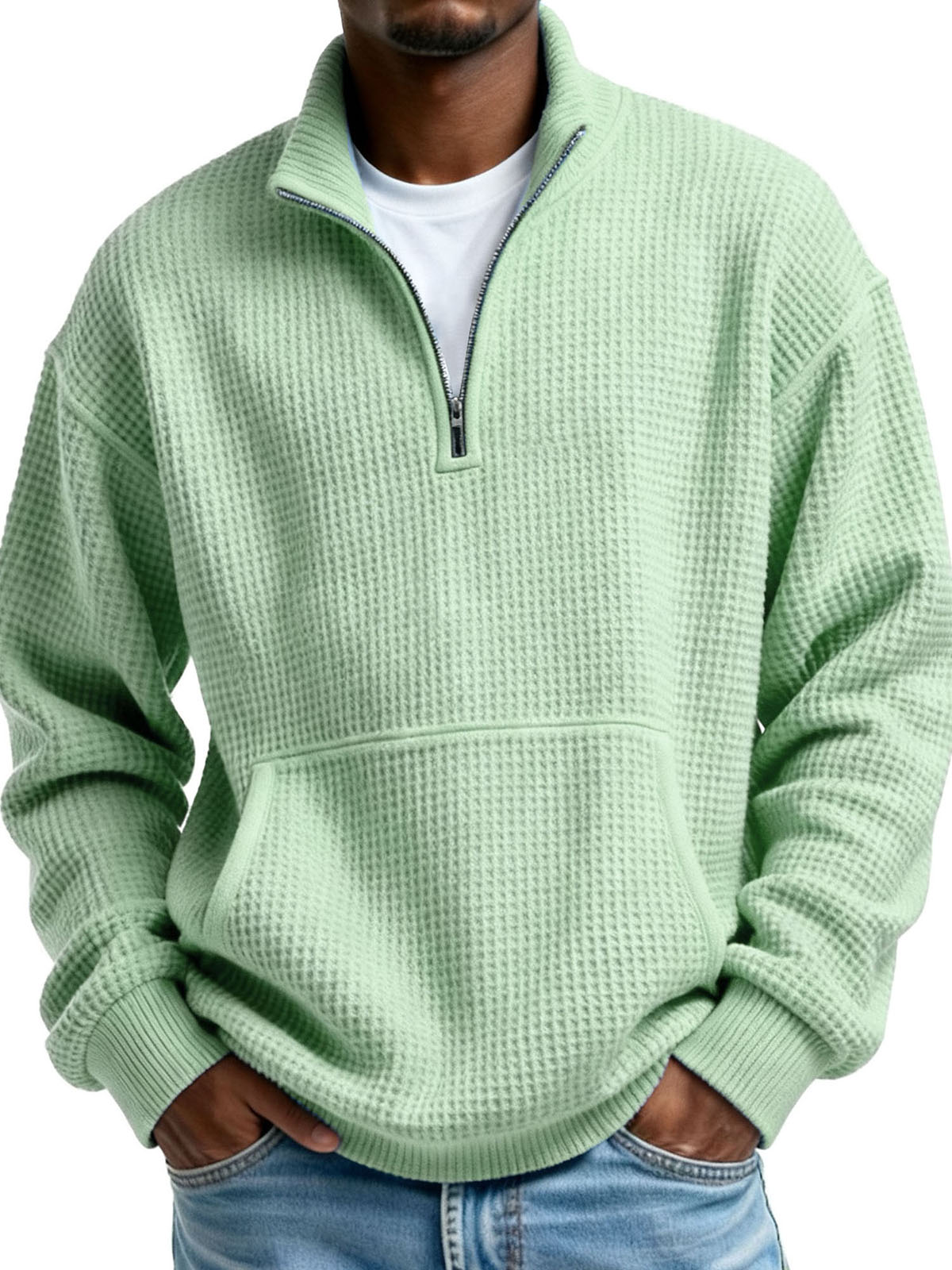 Men's Clothing Fashionable Casual Pit Strip Fabric Upright Collar Zipper Pockets Long-sleeved Hoodie