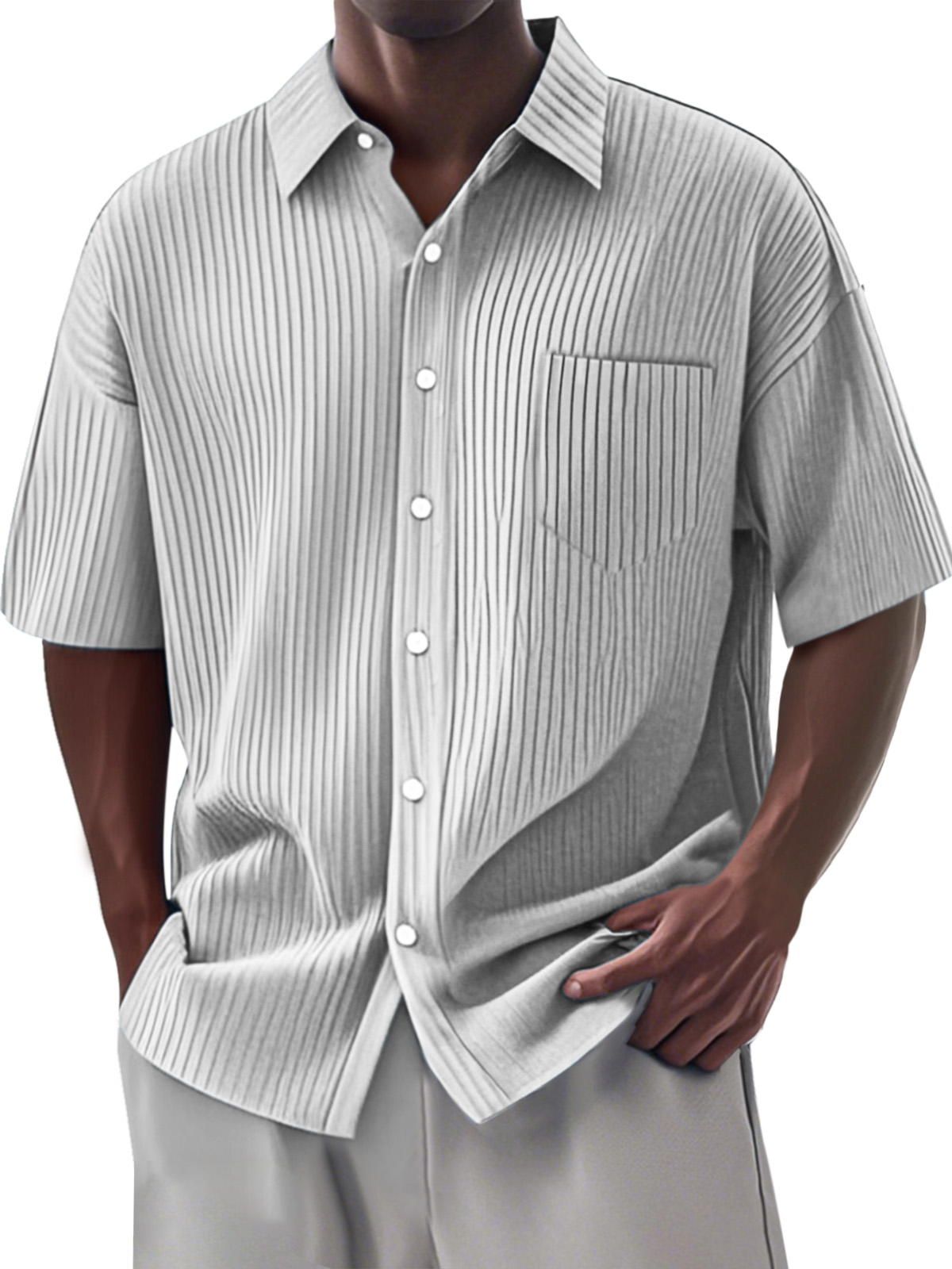 Men's Simple Daily Solid Color Vertical Pit Lapel Short-sleeved Shirt