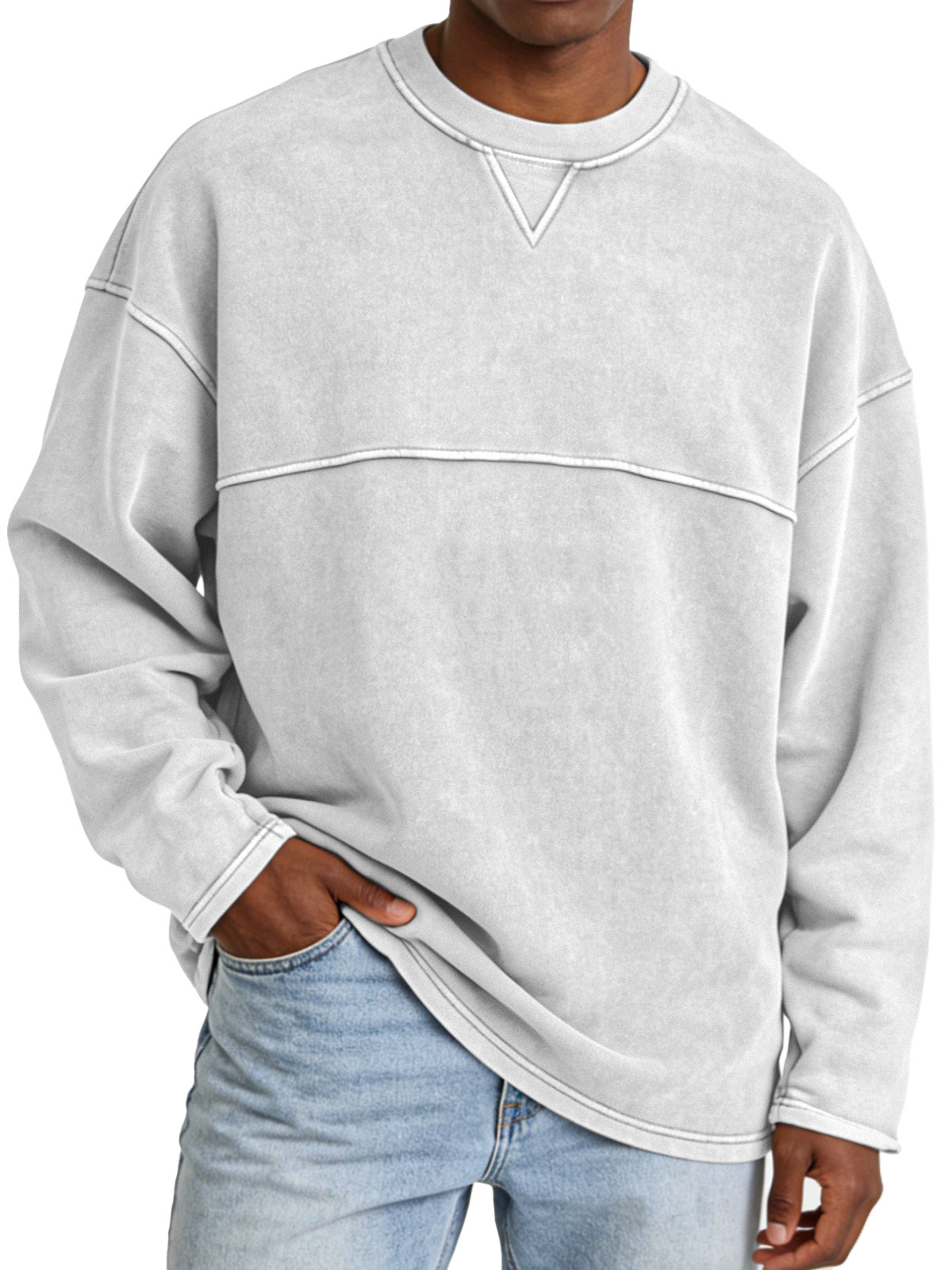 Basic Casual Inverted Triangle Panel Design Crew Neck Long-sleeved Sweatshirt