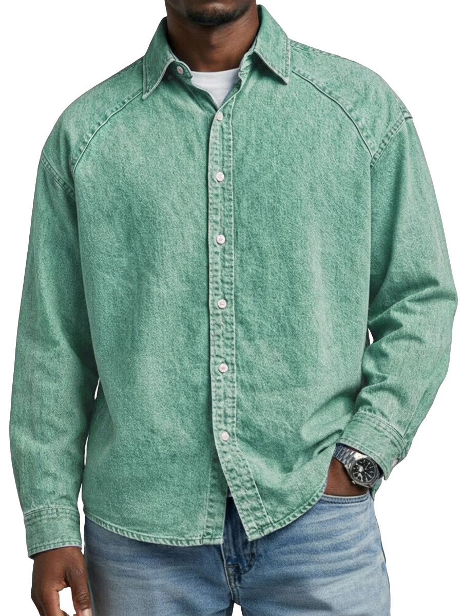 Men's Retro Solid Color Raglan Collared Long-Sleeve Shirt