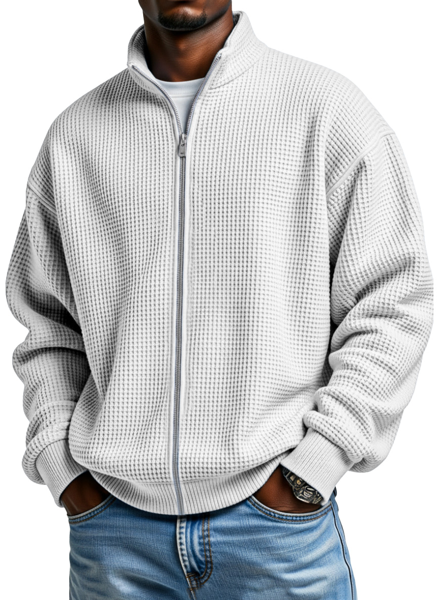 Men's Simple Solid Color Waffle Stand Collar Zipper Jacket