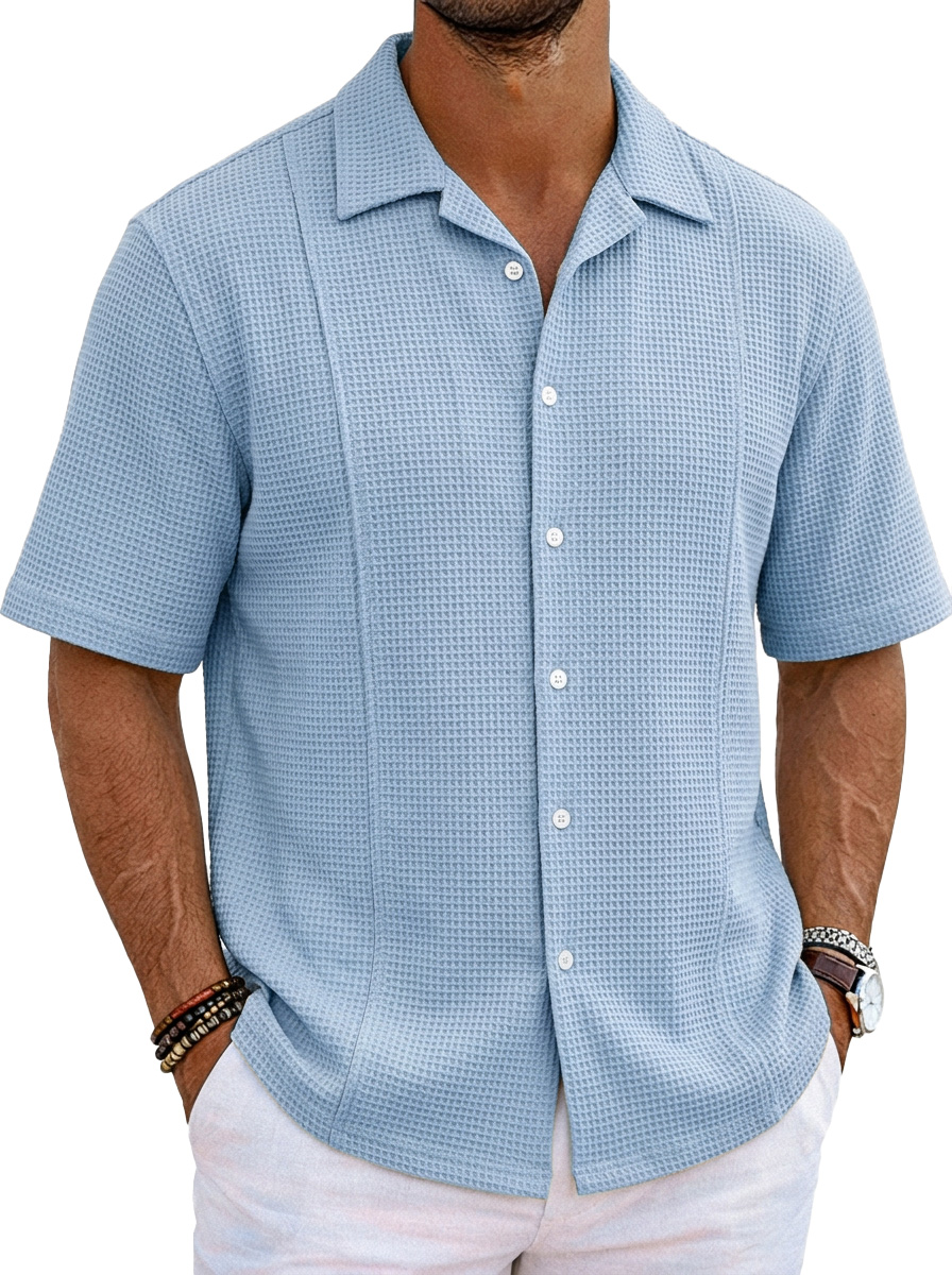Men's Solid Color Casual Waffle Unstitched Design Cuban Collar Short Sleeve Shirt