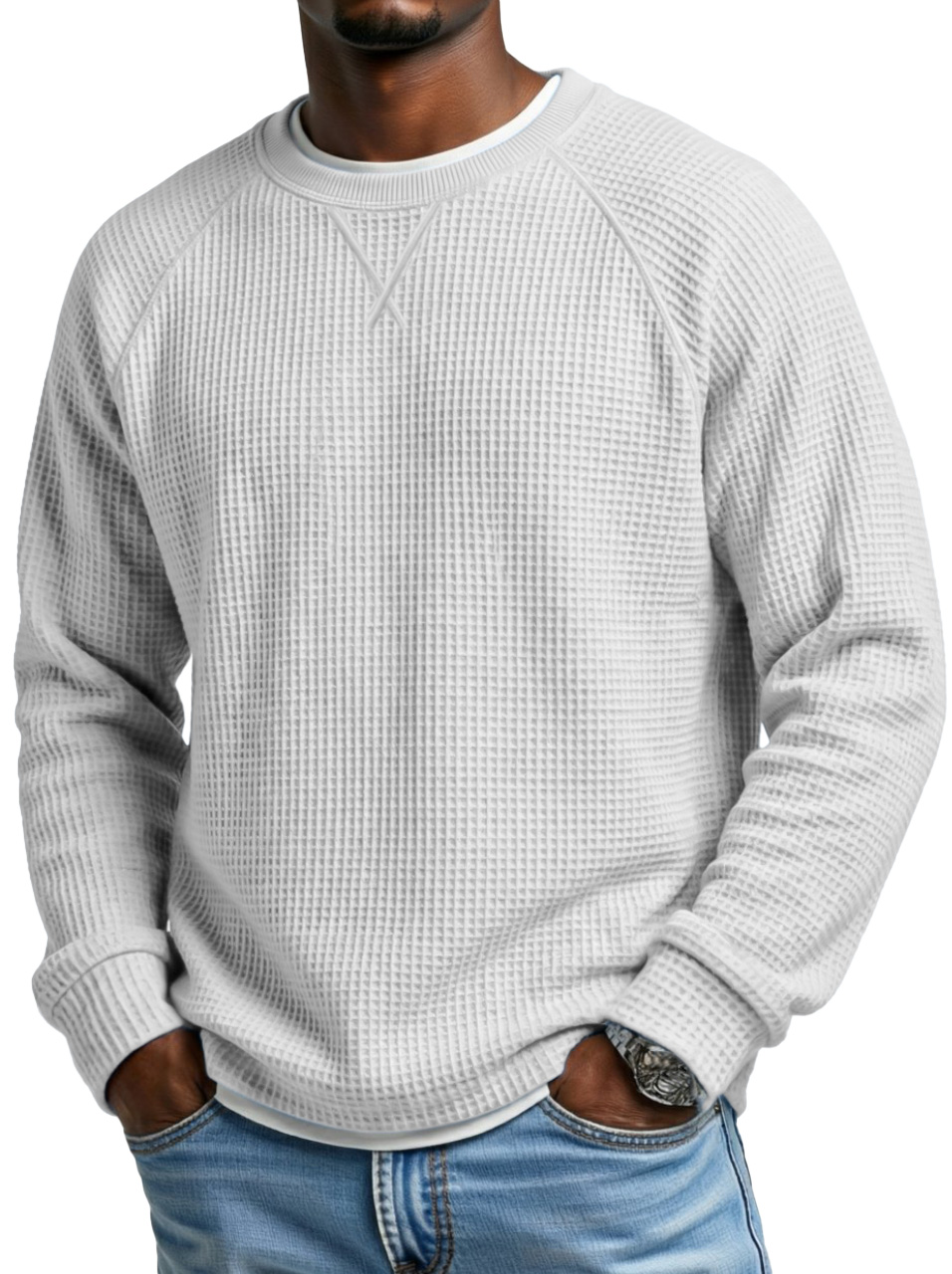 Men's Fashionable Waffle Raglan Sleeve Design Round Neck Long Sleeve T-Shirt