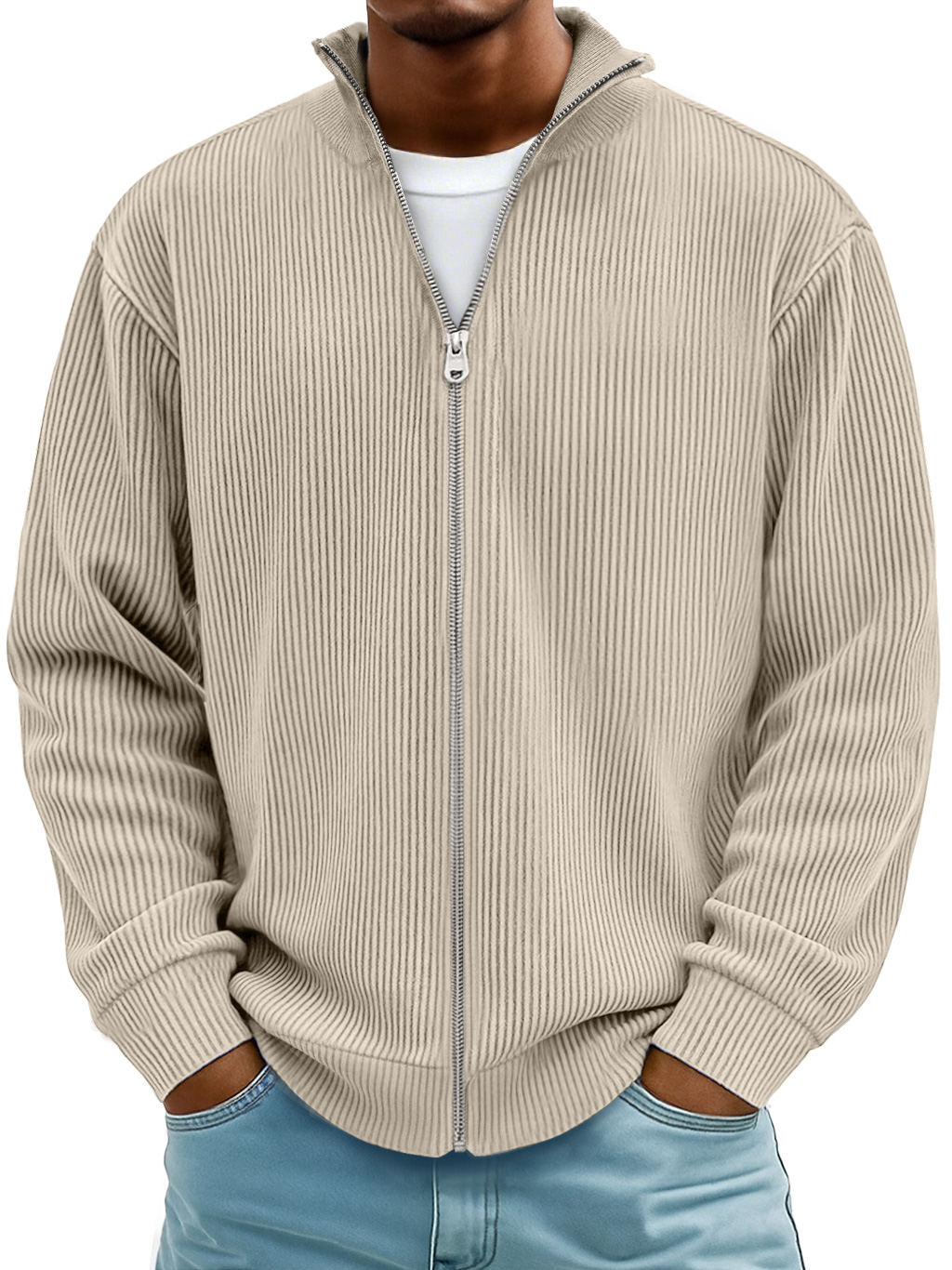 Men's Simple Ribbed Textured Stand Collar Zipper Loose Jacket