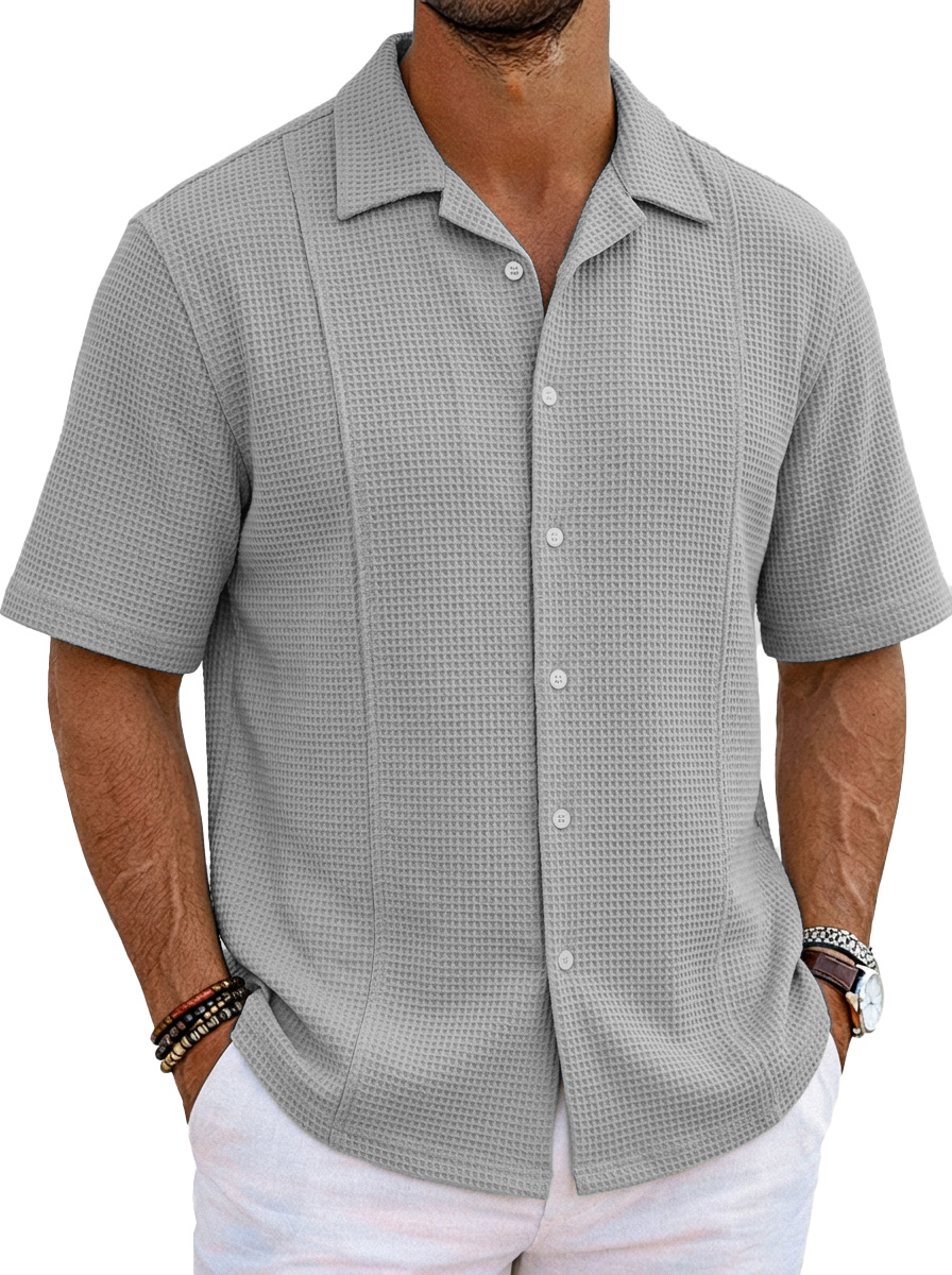 Men's Solid Color Casual Waffle Unstitched Design Cuban Collar Short Sleeve Shirt