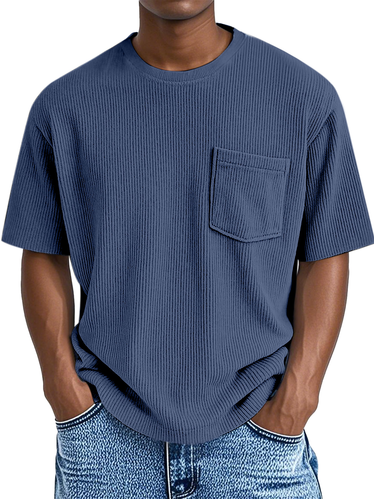 Men's Comfortable Solid Color Pit Pocket Round Neck Short-sleeved T-shirt