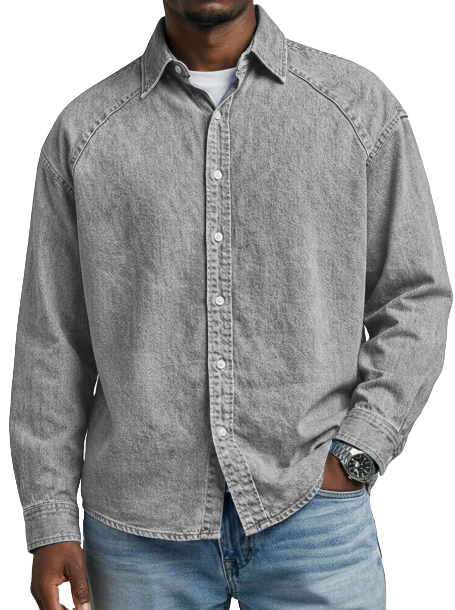 Men's Retro Solid Color Raglan Collared Long-Sleeve Shirt