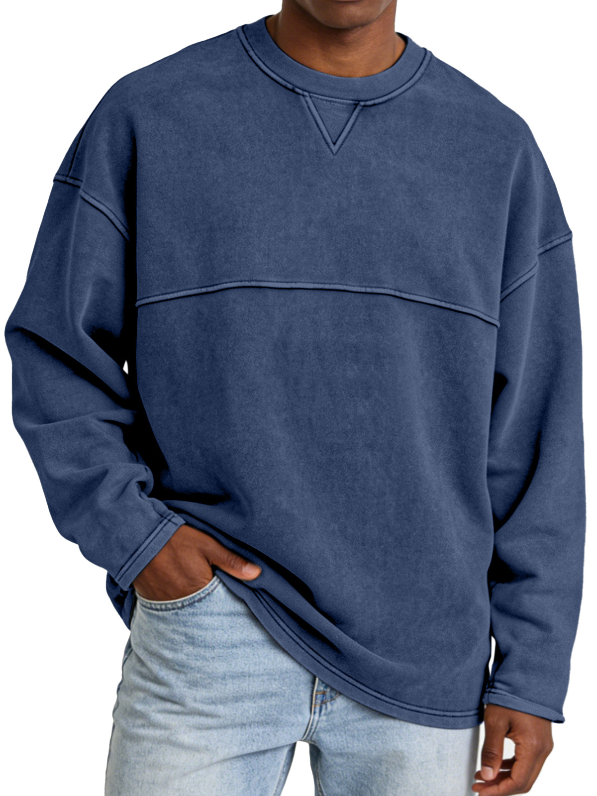 Basic Casual Inverted Triangle Panel Design Crew Neck Long-sleeved Sweatshirt