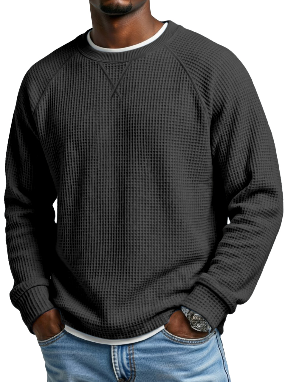 Men's Fashionable Waffle Raglan Sleeve Design Round Neck Long Sleeve T-Shirt
