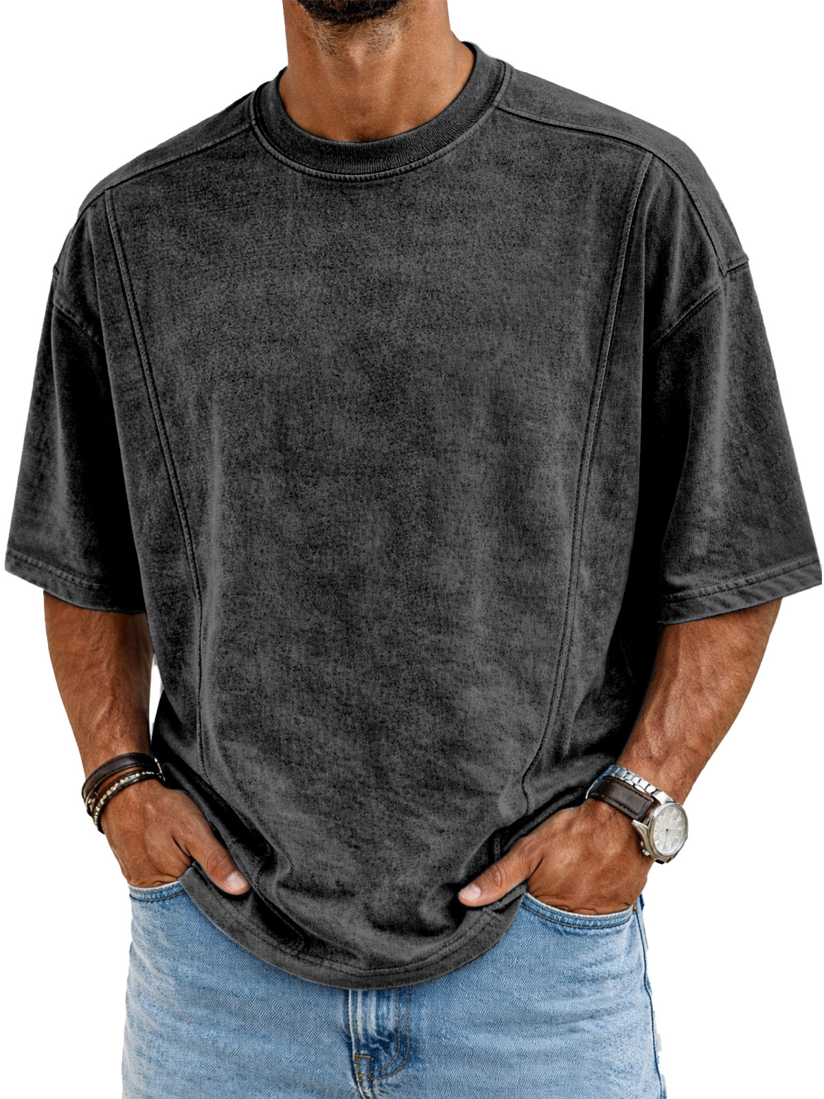 Men's Retro Deconstructed Design Solid Color Round Neck Short Sleeve T-shirt