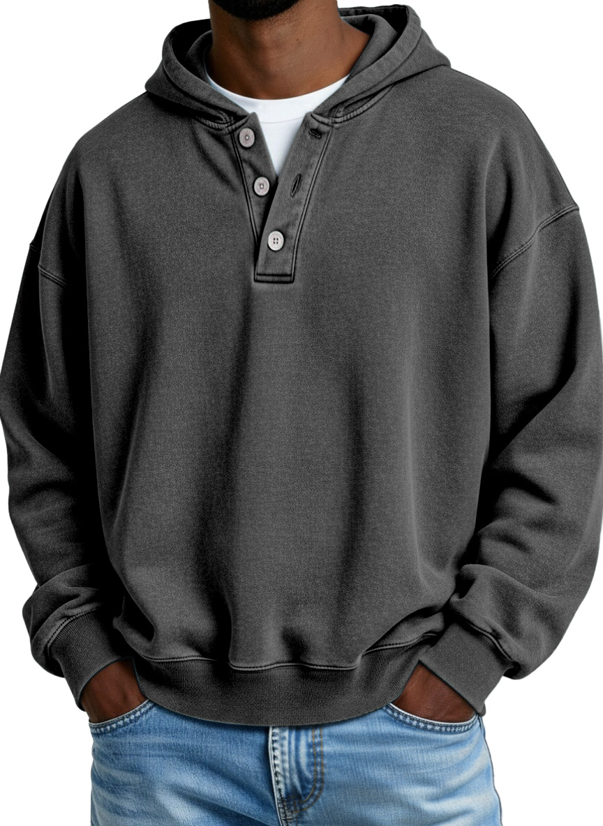 Retro Casual Solid Color Button Hooded Sweatshirt