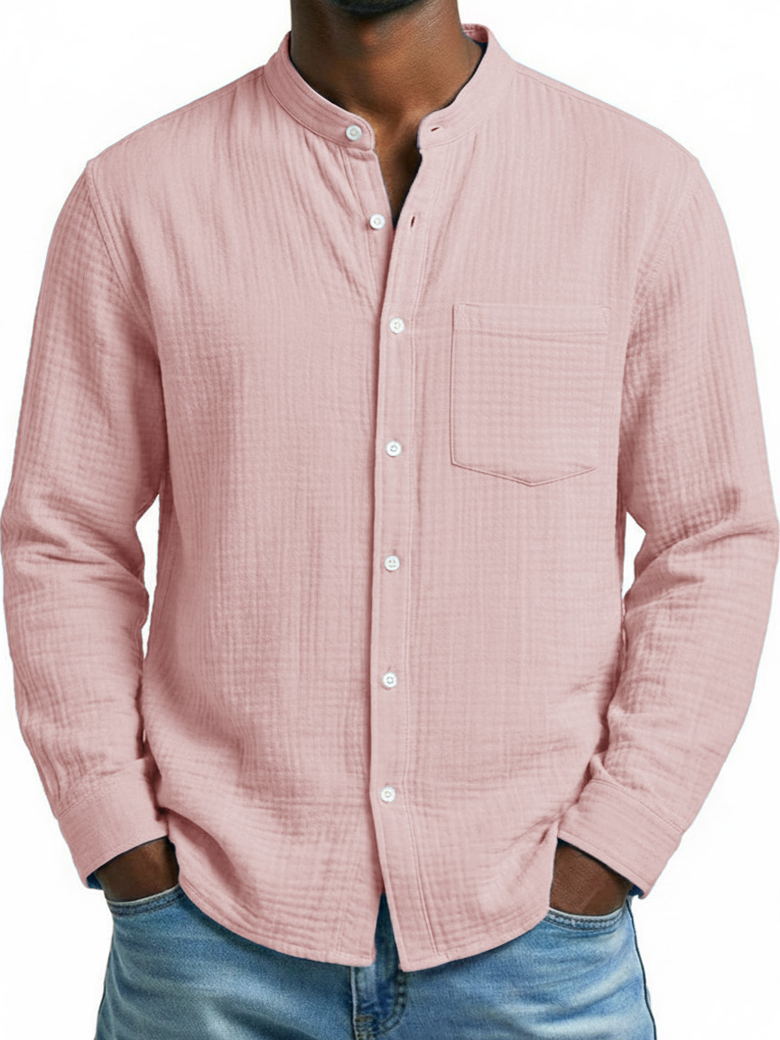 Men's Fashion Casual Retro Stand-Up Collar Pleated Fabric Long-Sleeve Shirt