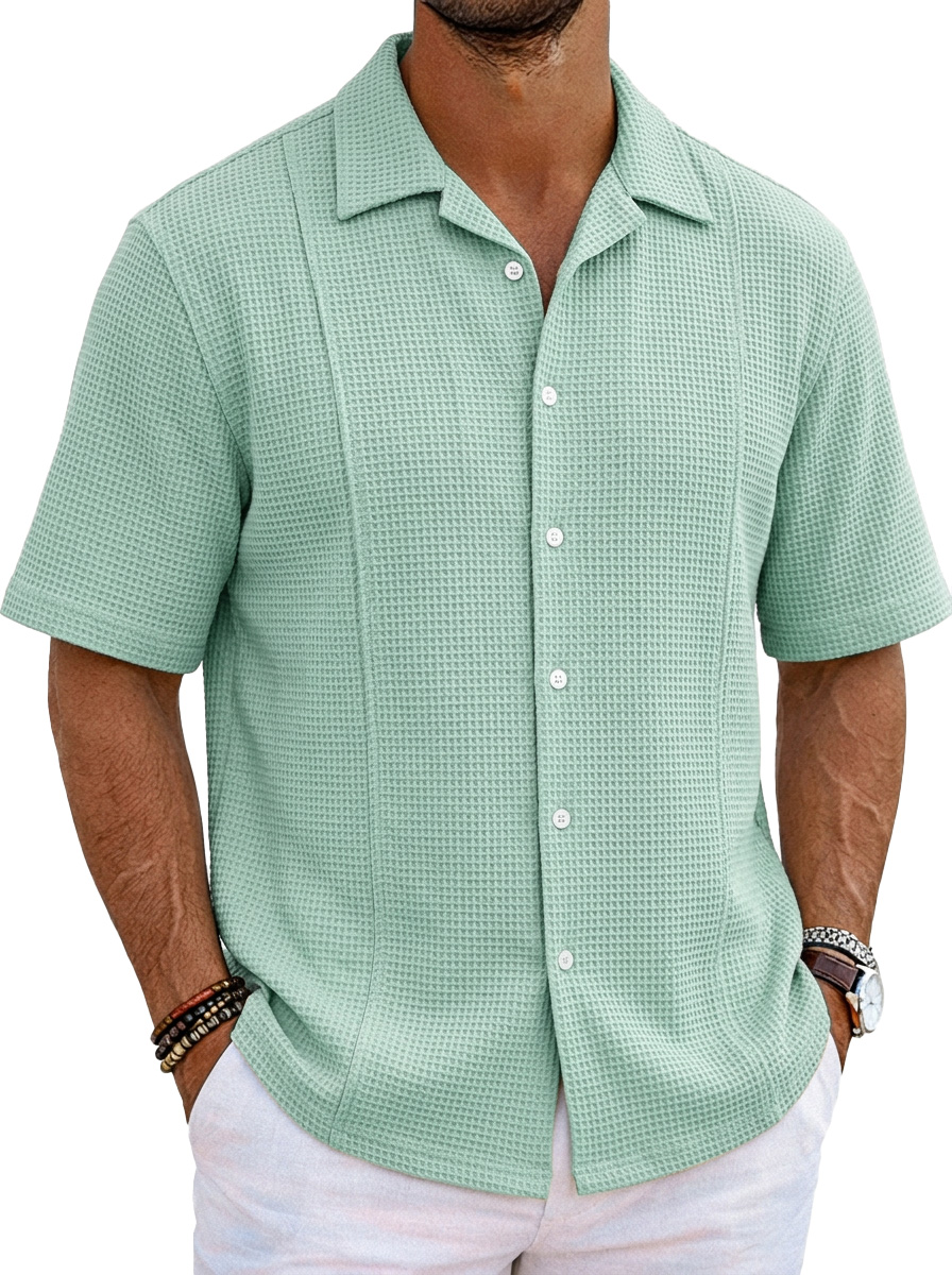 Men's Solid Color Casual Waffle Unstitched Design Cuban Collar Short Sleeve Shirt