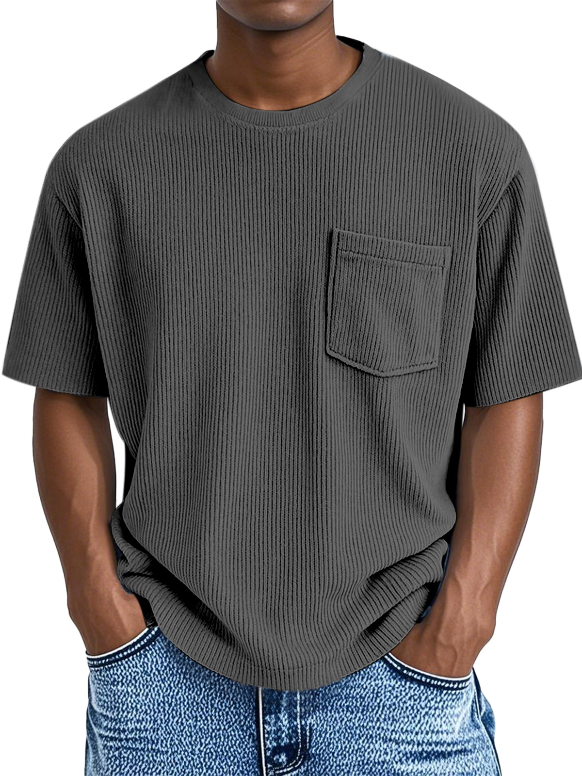 Men's Comfortable Solid Color Pit Pocket Round Neck Short-sleeved T-shirt