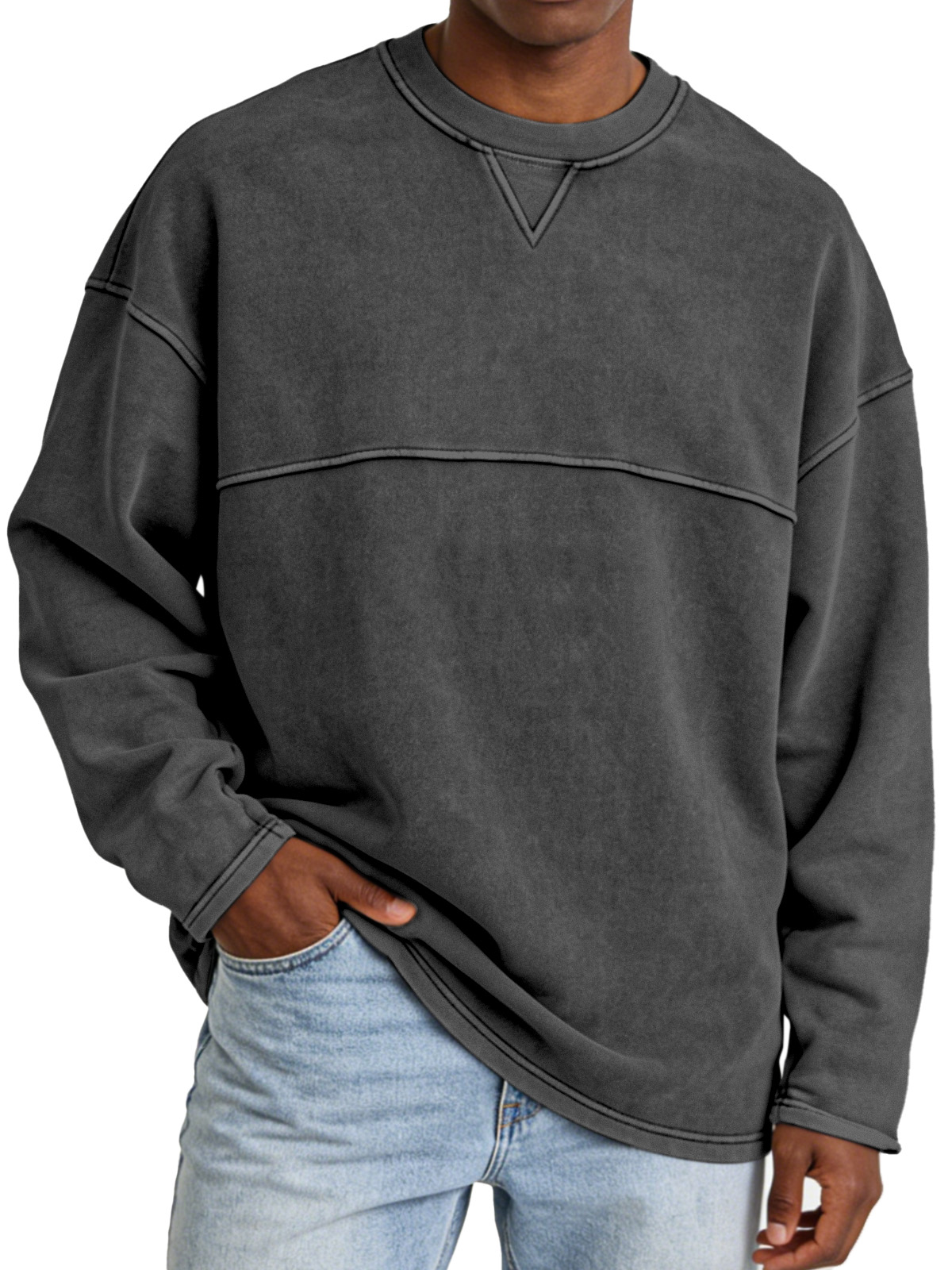 Basic Casual Inverted Triangle Panel Design Crew Neck Long-sleeved Sweatshirt