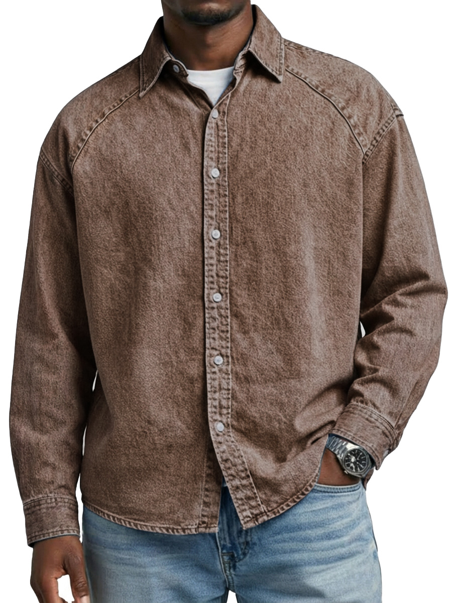 Men's Retro Solid Color Raglan Collared Long-Sleeve Shirt