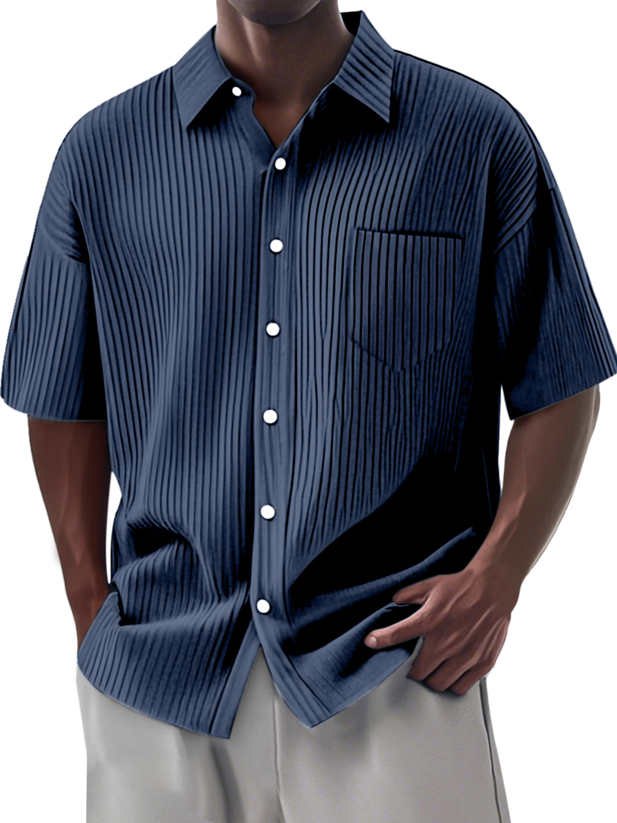 Men's Simple Daily Solid Color Vertical Pit Lapel Short-sleeved Shirt