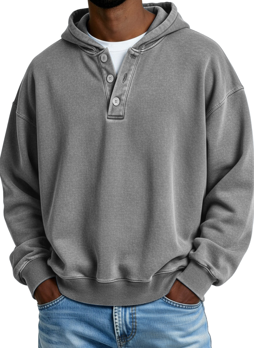 Retro Casual Solid Color Button Hooded Sweatshirt