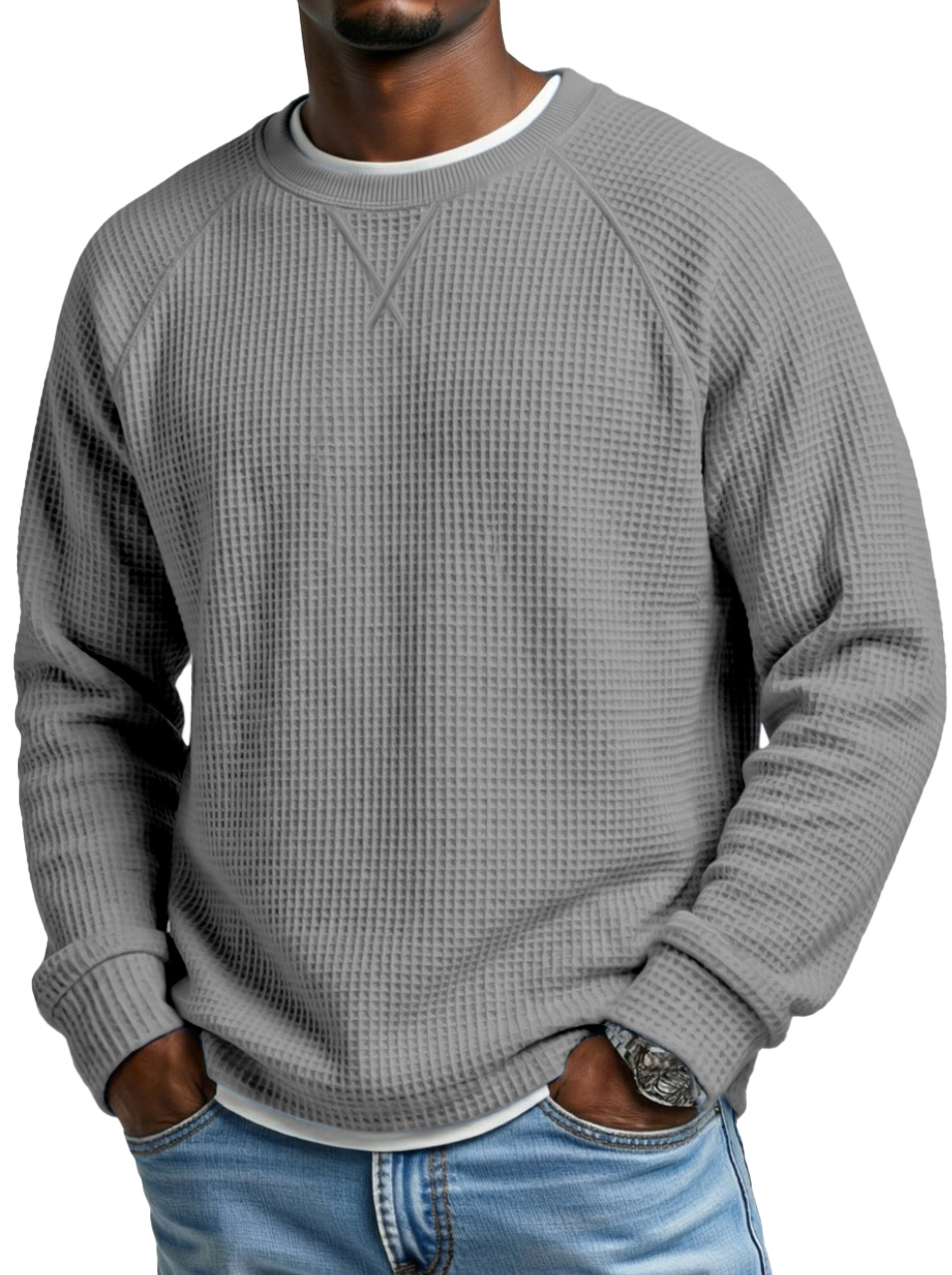 Men's Fashionable Waffle Raglan Sleeve Design Round Neck Long Sleeve T-Shirt