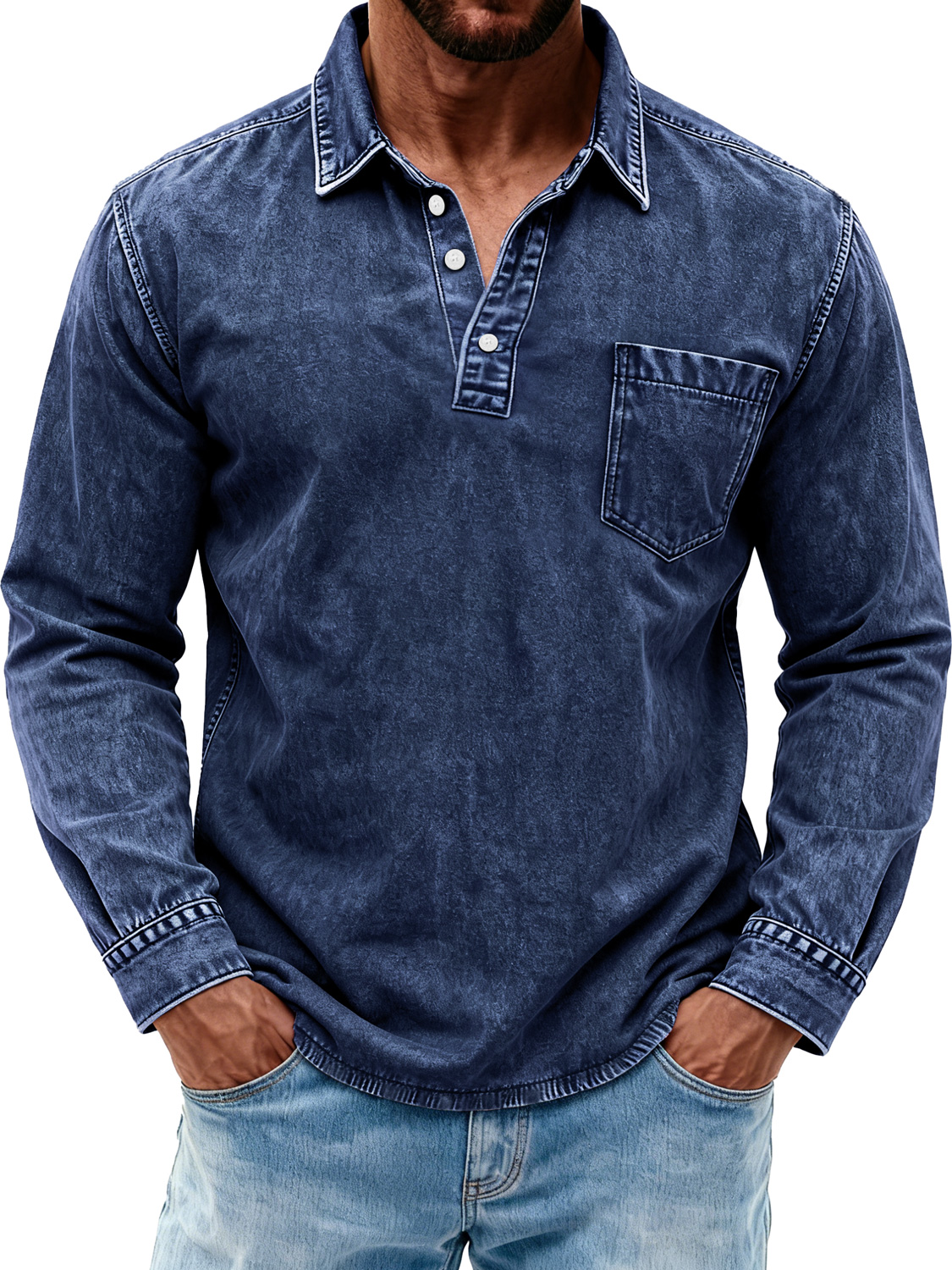 Men's Retro Washed Casual Polo Shirt with Turn-Down Collar and Buttons
