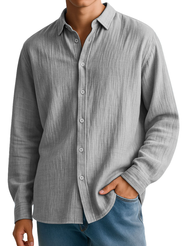Men's Clothing Fashionable Casual Imitation Linen Fabric Long-sleeved Lapel Shirt