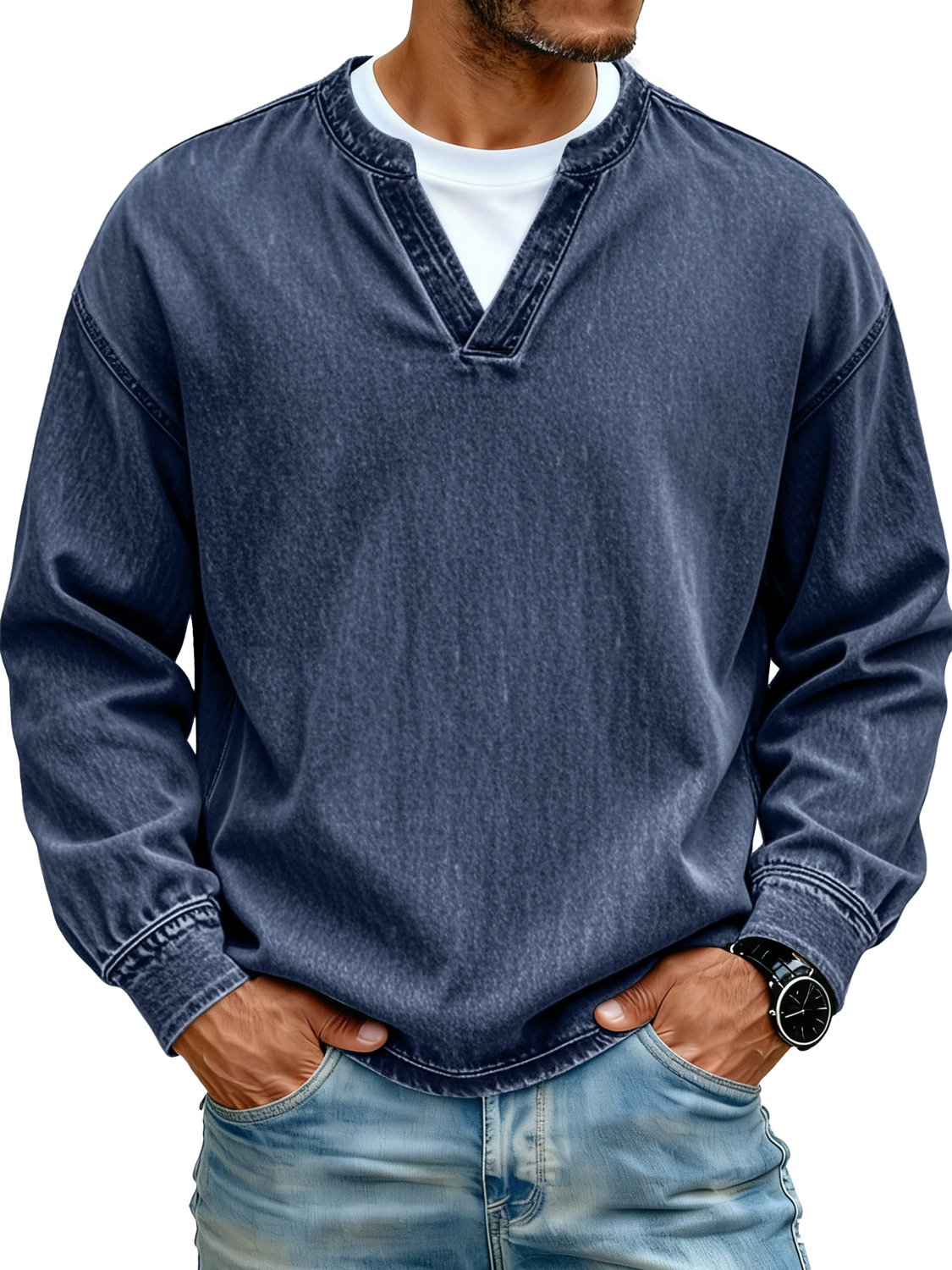 Retro Minimalist Faux Two-piece Design Casual Long-sleeved T-shirt