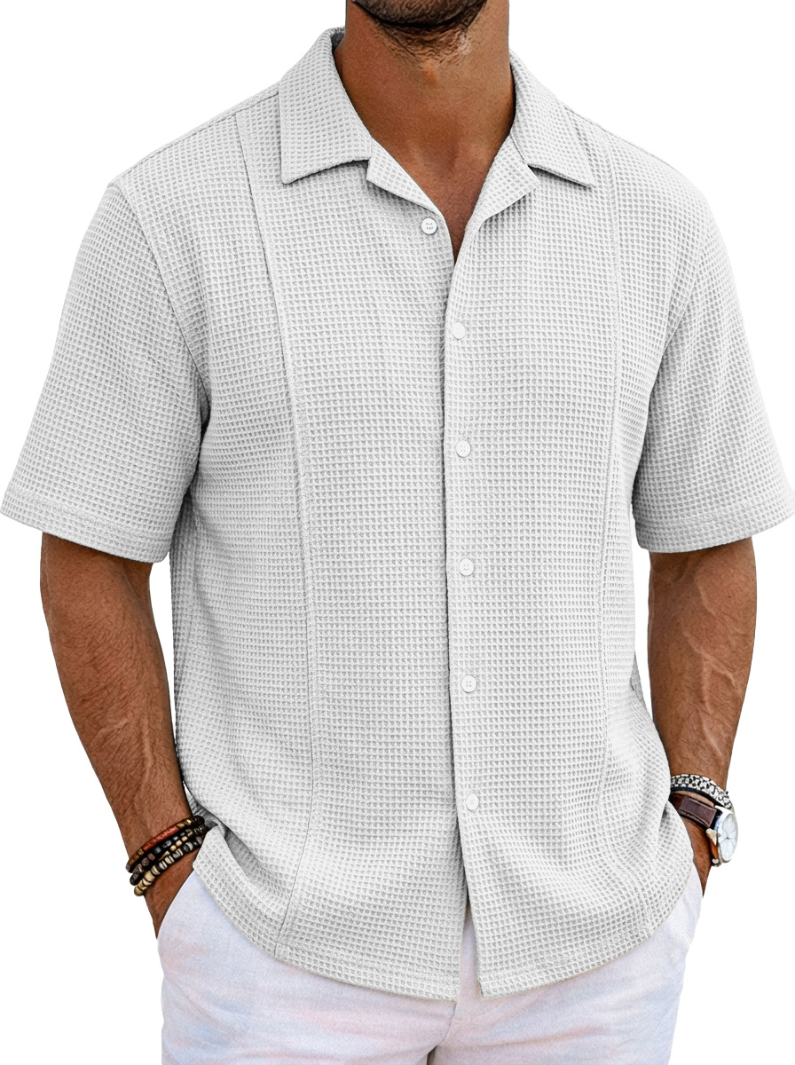 Men's Solid Color Casual Waffle Unstitched Design Cuban Collar Short Sleeve Shirt