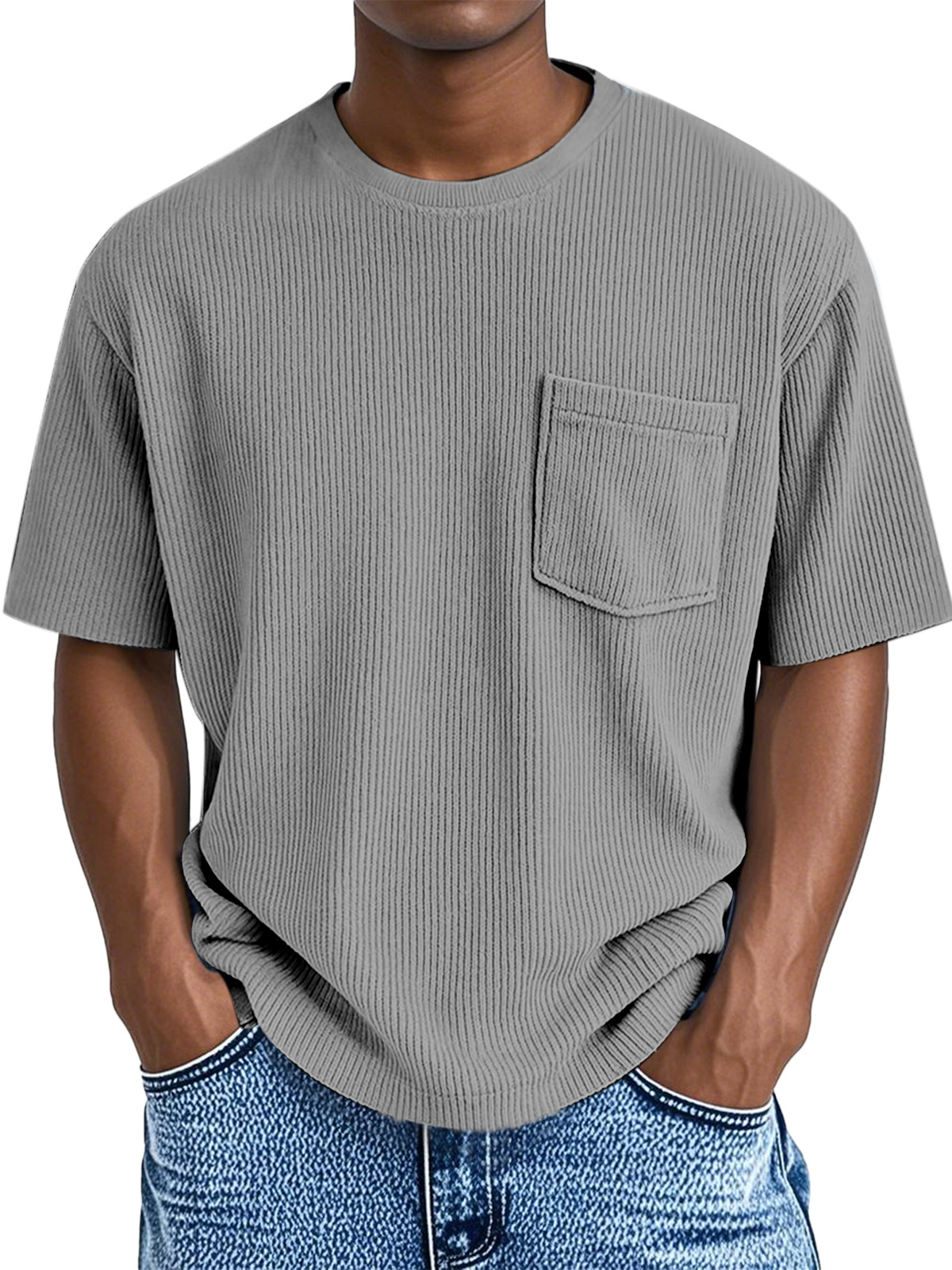 Men's Comfortable Solid Color Pit Pocket Round Neck Short-sleeved T-shirt