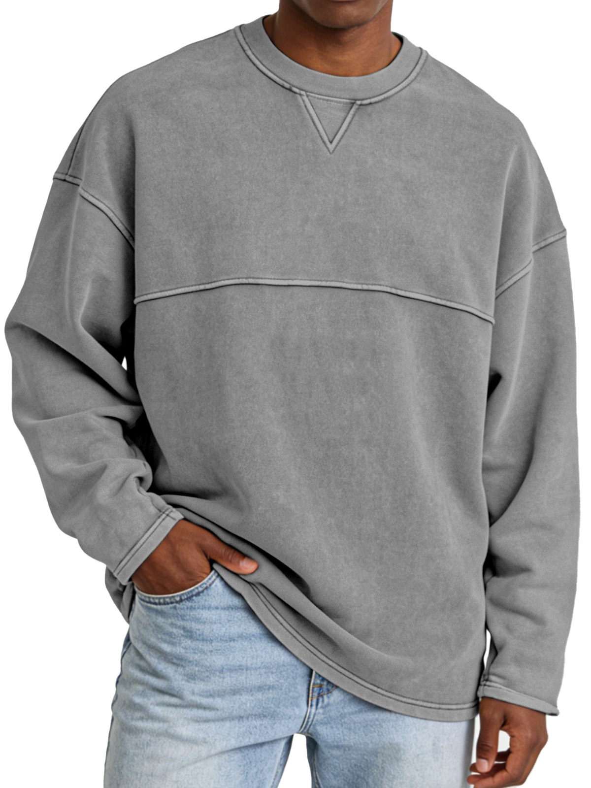 Basic Casual Inverted Triangle Panel Design Crew Neck Long-sleeved Sweatshirt