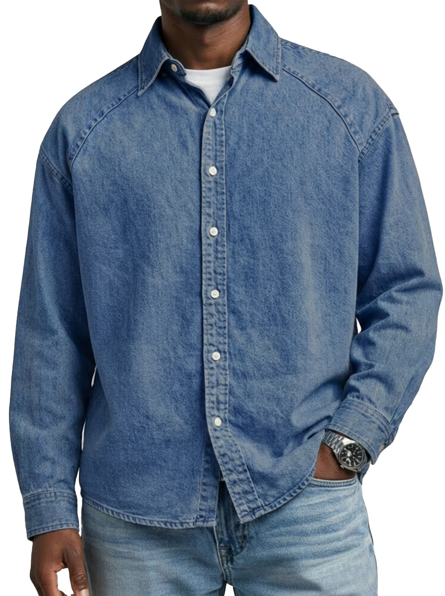 Men's Retro Solid Color Raglan Collared Long-Sleeve Shirt