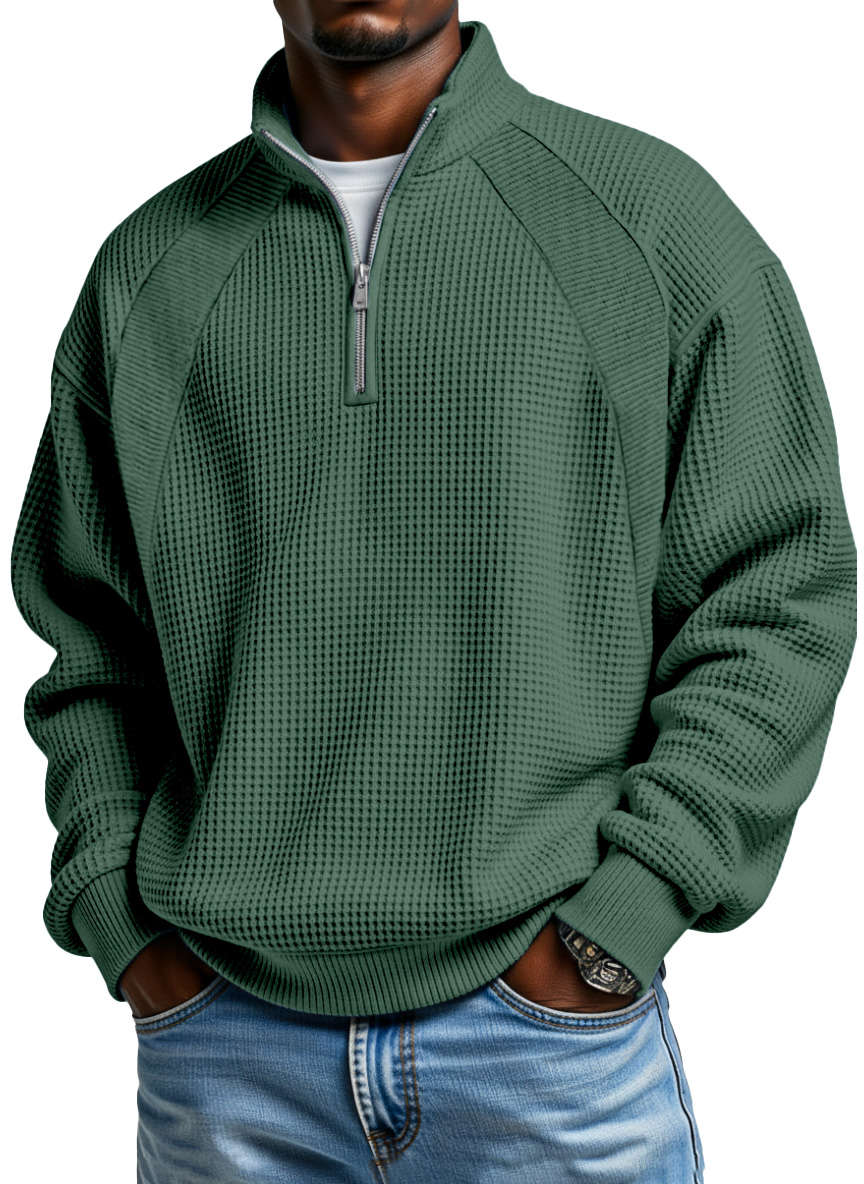 Men's Casual Solid Color Waffle Patchwork Design Zipper Stand Collar Long-sleeved Top