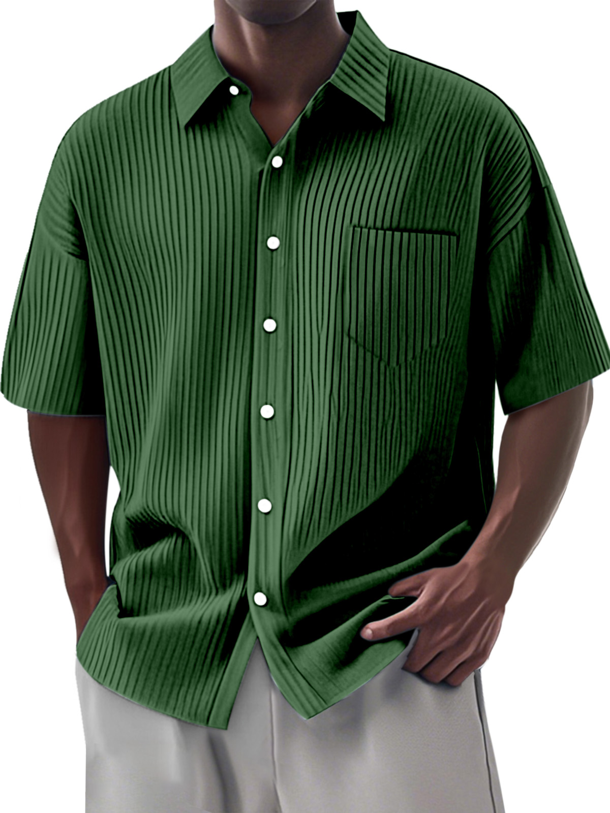 Men's Simple Daily Solid Color Vertical Pit Lapel Short-sleeved Shirt