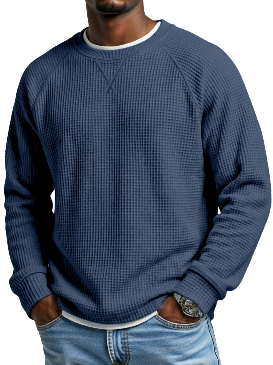 Men's Fashionable Waffle Raglan Sleeve Design Round Neck Long Sleeve T-Shirt