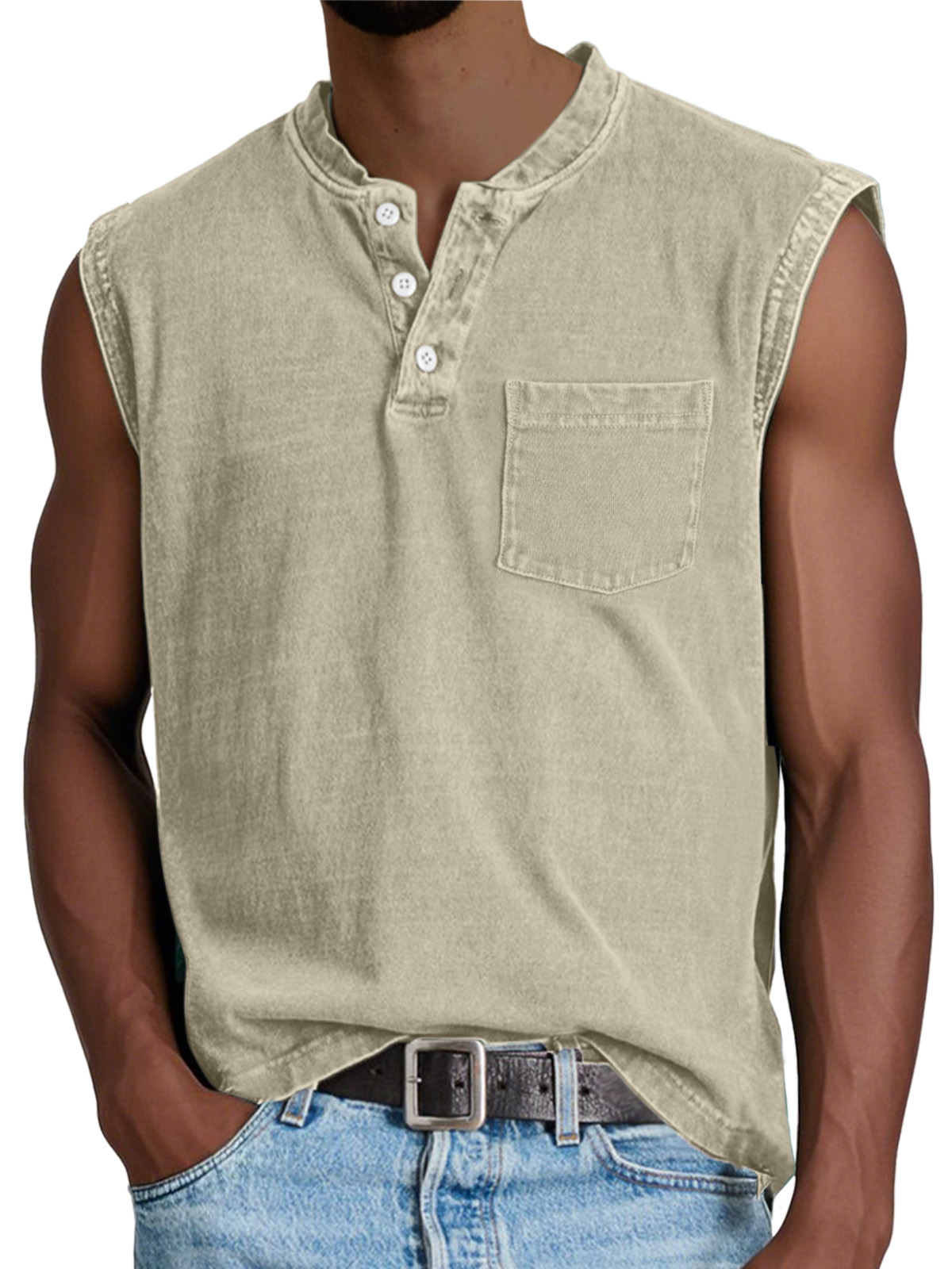 Men's Casual Retro Solid Color Simple Pocket Sleeveless Henley Shirt