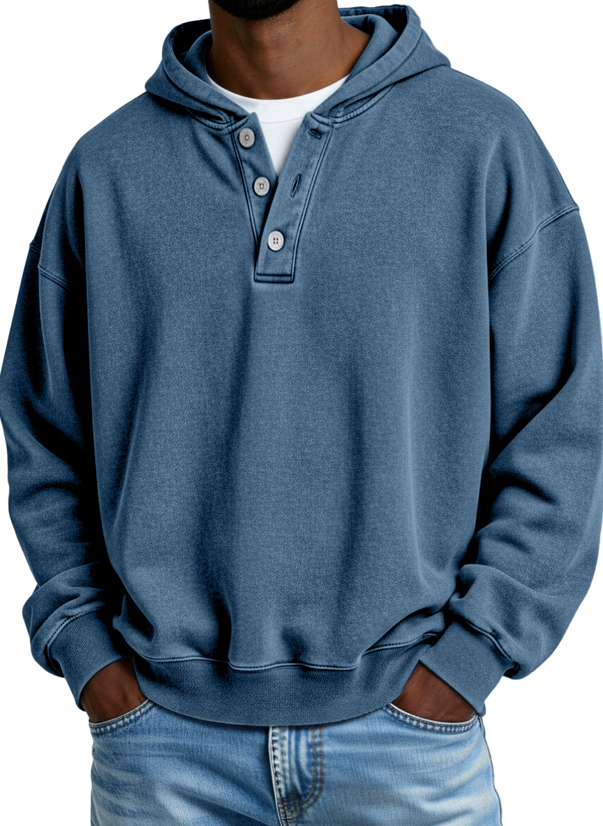 Retro Casual Solid Color Button Hooded Sweatshirt