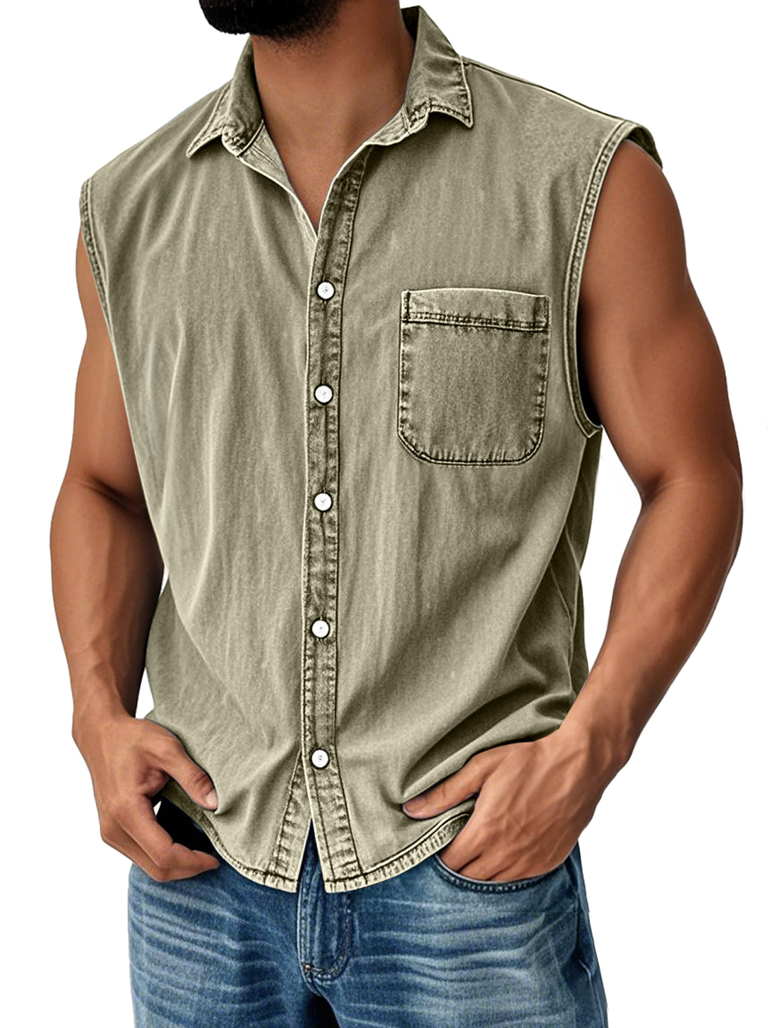Men's Vintage Everyday Lapel Pocket Casual Sleeveless Shirt