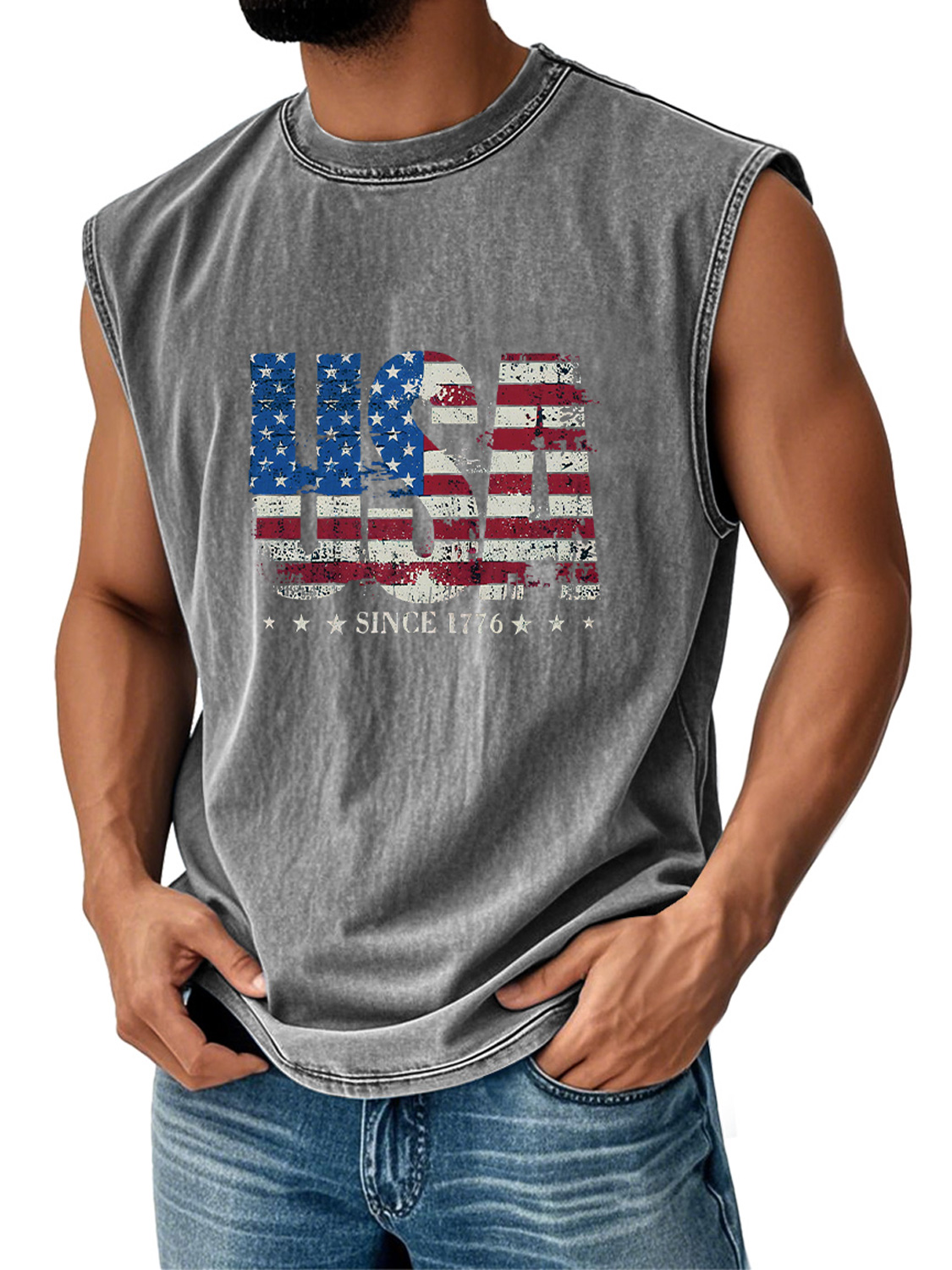Men's Retro Everyday Independence Day USA Flag Printed Casual Round Neck Sleeveless Vest
