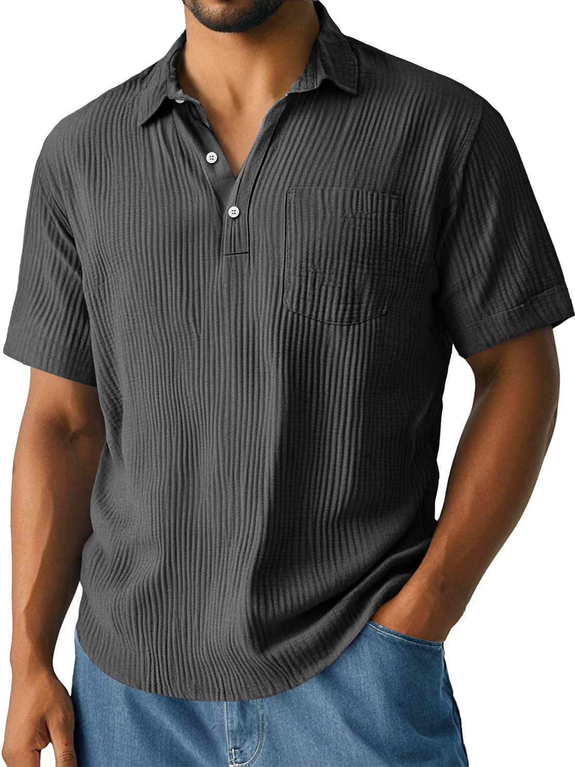 Men's Daily Pleated Texture Lapel Pocket Casual Short-sleeved Polo Shirt
