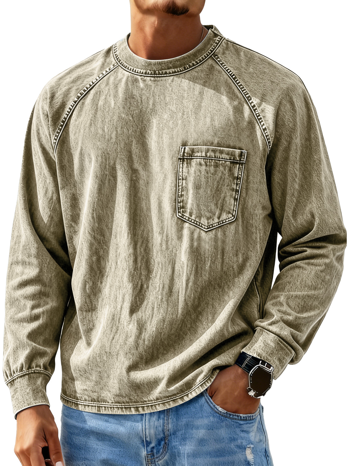 Men's Retro Crew Neck Raglan Casual Pocket Long Sleeve T-Shirt
