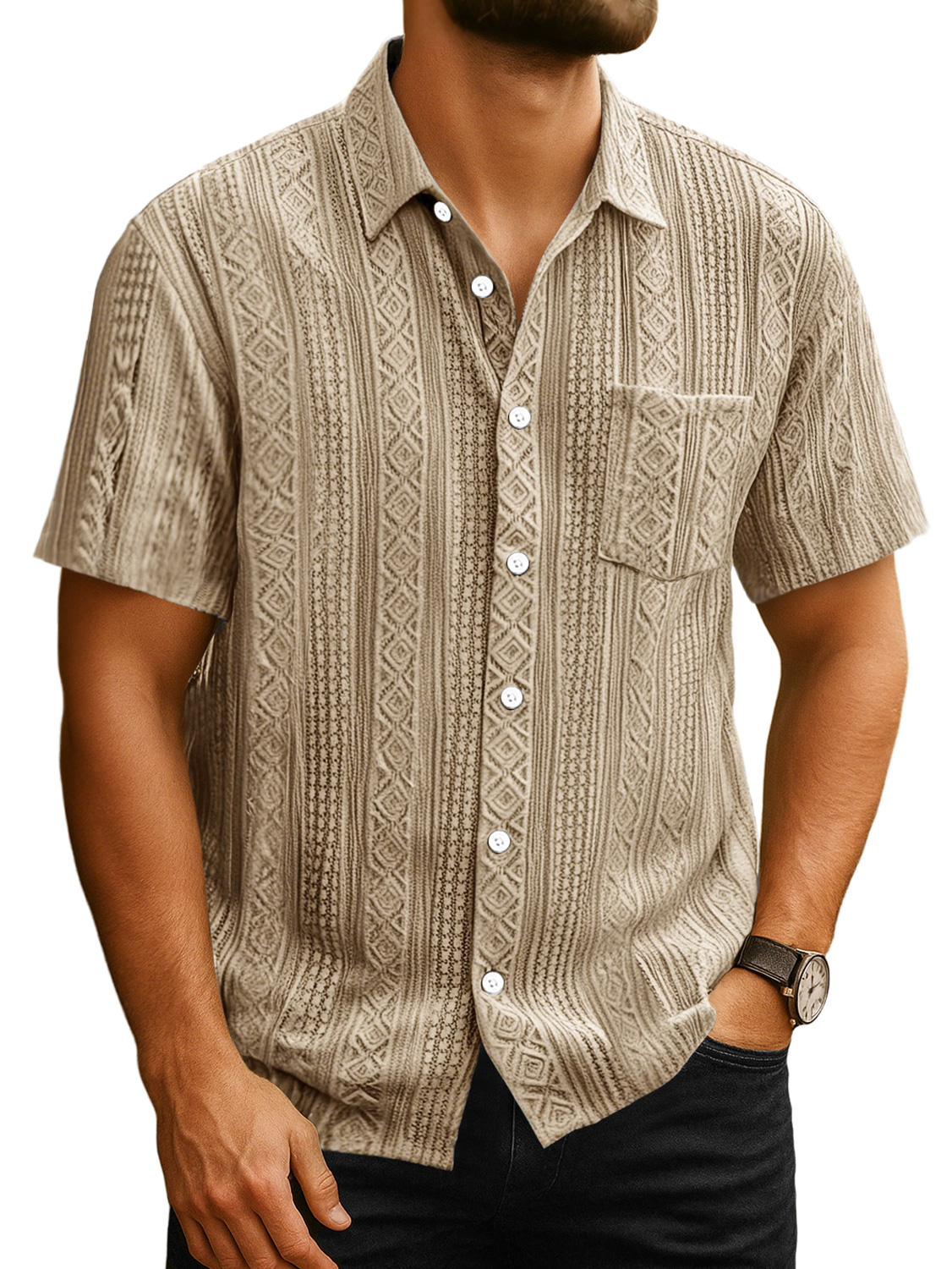 Men's Daily Casual Jacquard Texture Pocket Solid Color Short-sleeved Shirt