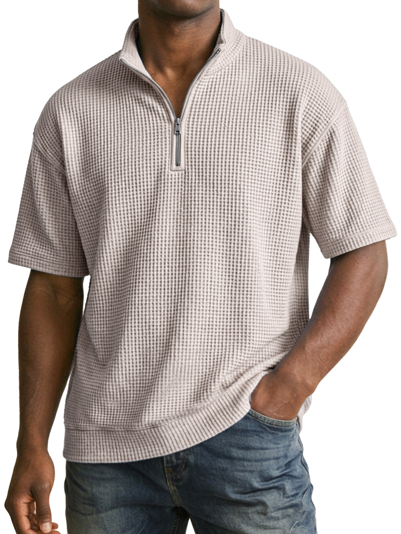 Men's Waffle Collar Zipper Casual Short-Sleeve T-Shirt