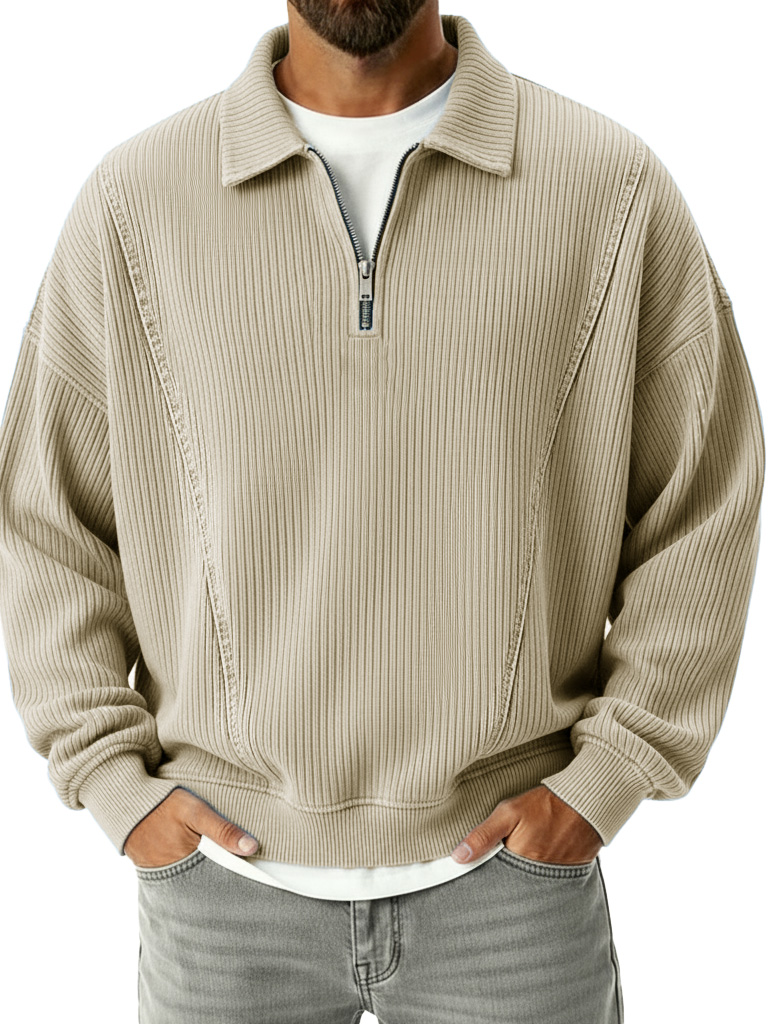 Men's Retro Fashion Ribbed Collar Zipper Long-Sleeve Polo Shirt